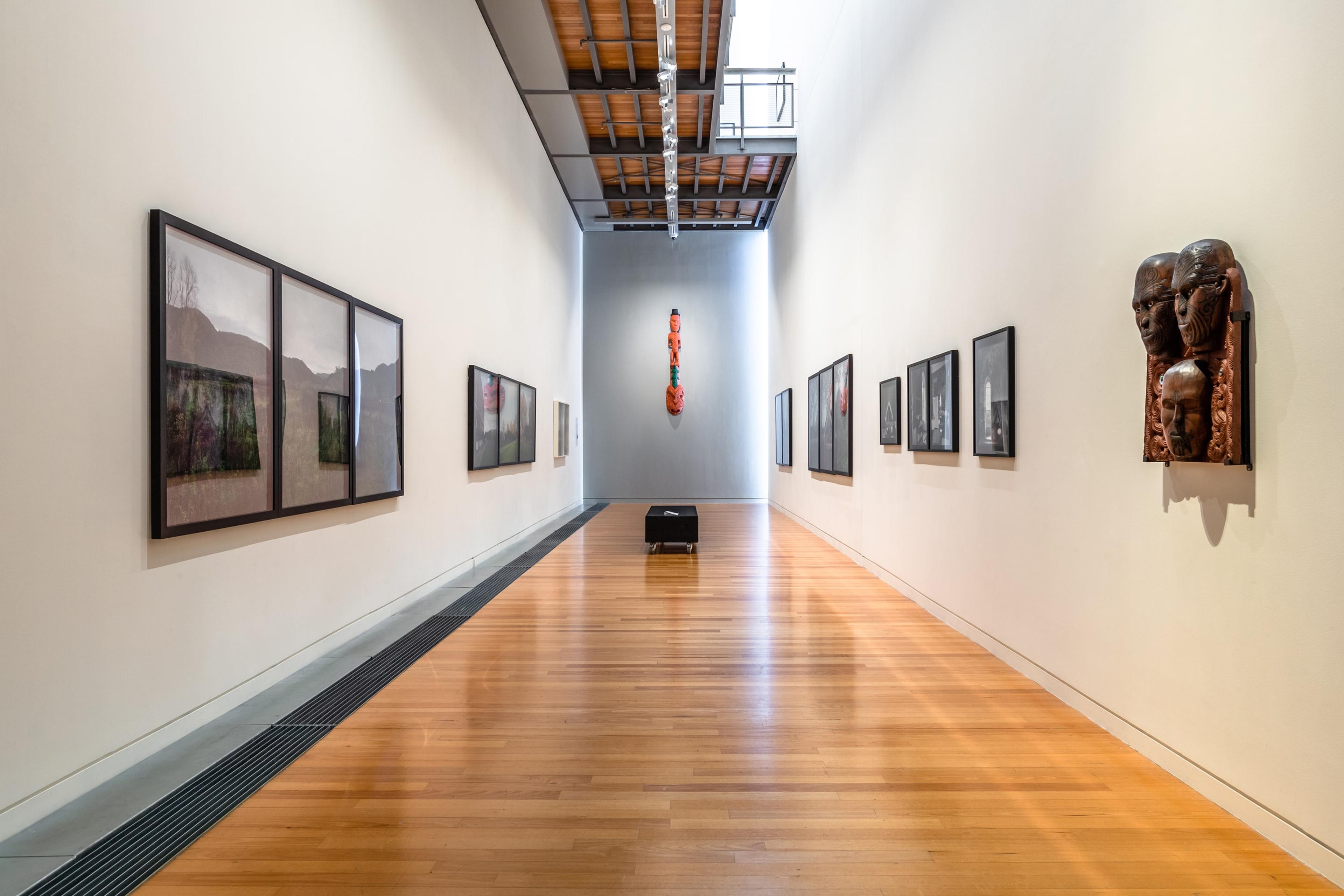 Installation view, Mark Adams, Hinemihi: Te Hokinga-The Return, in Tēnei Ao Tūroa – This Enduring World, Te Pātaka Toi Adam Art Gallery. Photo: Ted Whitaker