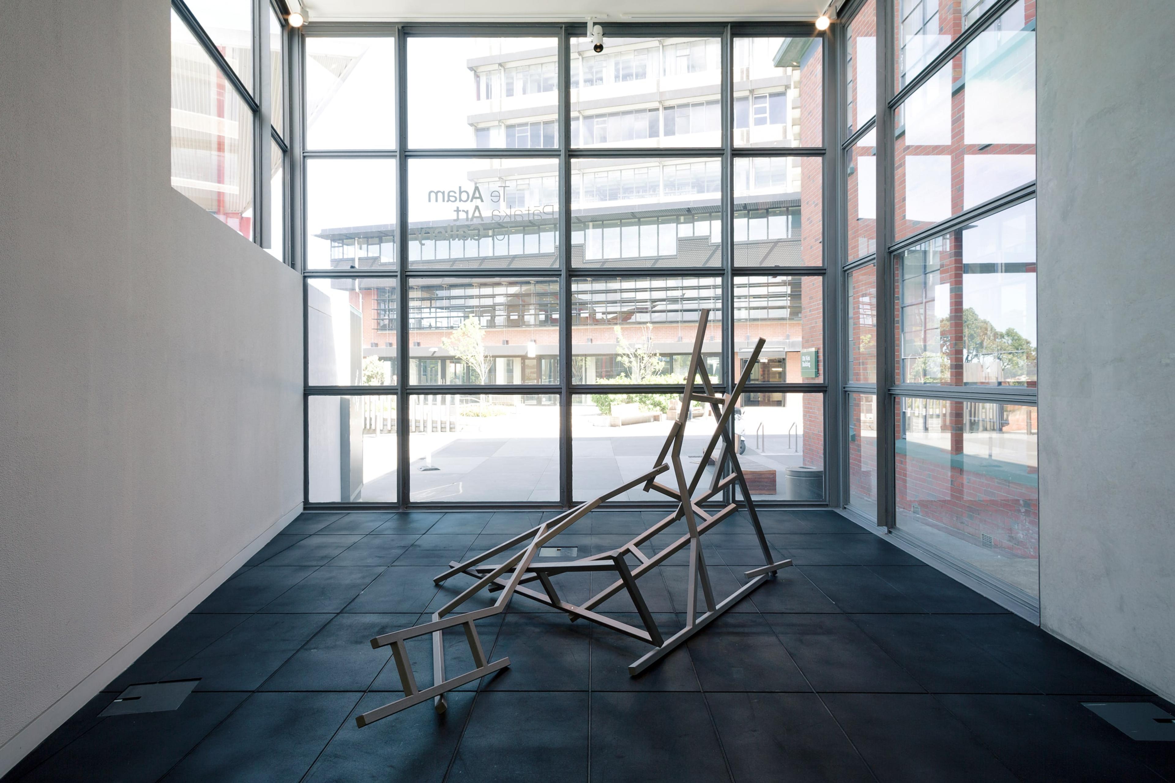 Installation view of John Panting: Spatial Constructions at the Adam Art Gallery, showing 5.12 (Untitled V) , 1972–73, steel, 183 x 305 x 152cm. Collection of Christchurch Art Gallery Te Puna o Waiwhetu. Photo: Shaun Waugh.