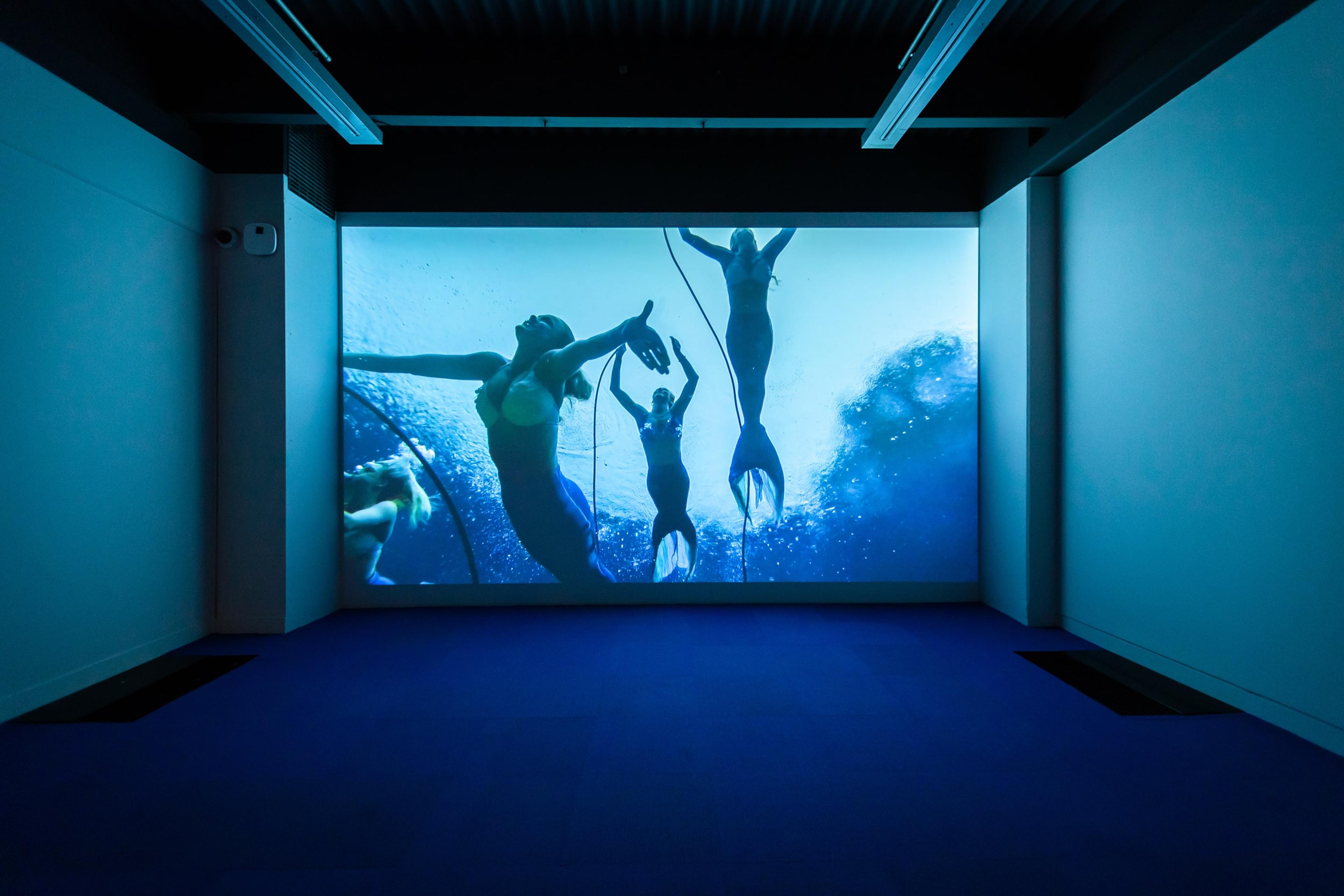 Andrew Brusso, Weeki Wachee Mermaids, 2014, video, colour, sound, 2 mins 45 secs. Courtesy of the artist. Installation view, Megan Dunn: The Mermaid Chronicles, Te Pātaka Toi Adam Art Gallery, Te Herenga Waka Victoria University of Wellington, 2022. Photo: Ted Whitaker