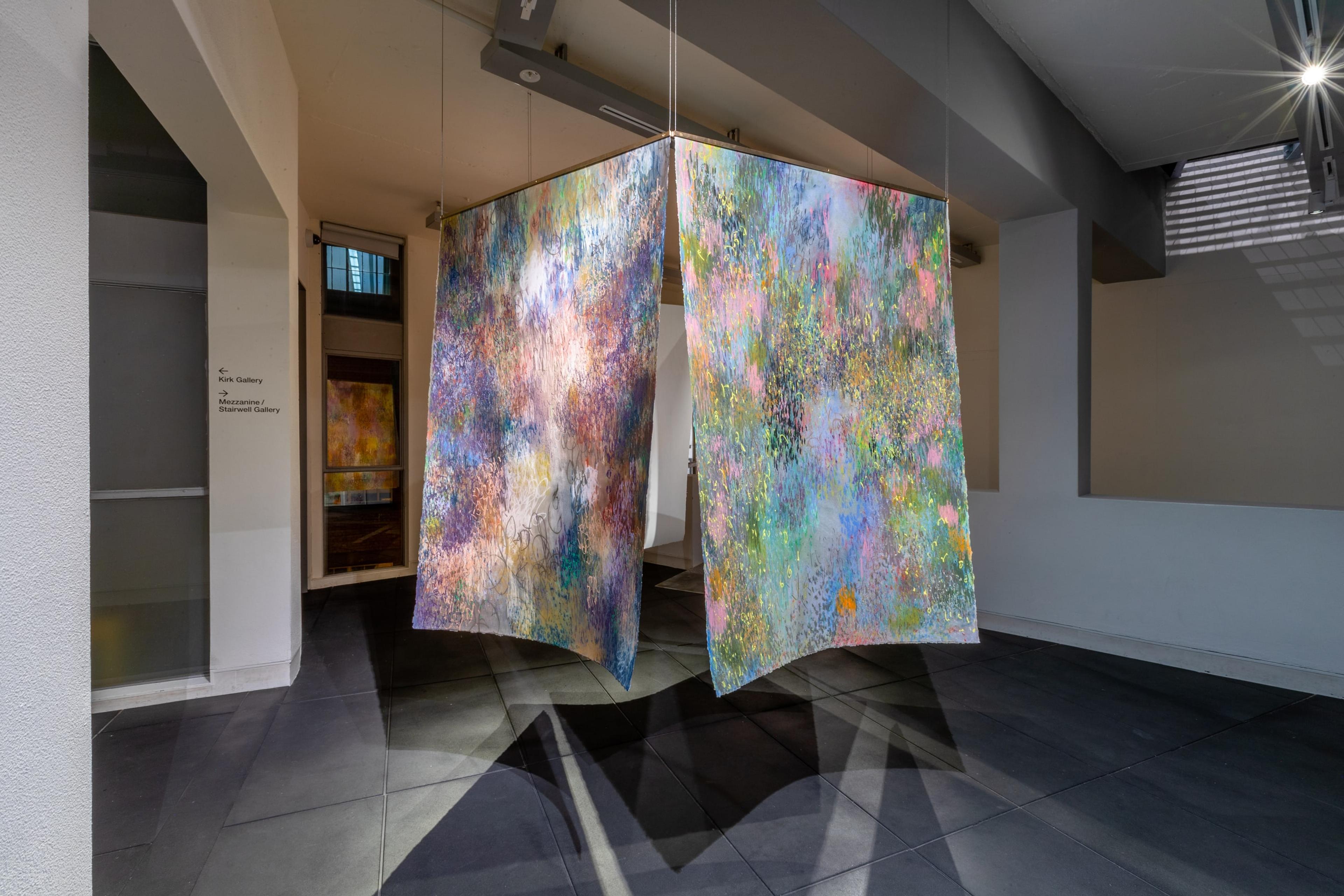 Installation view, Discharge (2022), in Energy Work: Kathy Barry/Sarah Smuts Kennedy, Te Pātaka Toi Adam Art Gallery, Victoria University of Wellington. Photo: Ted Whitaker