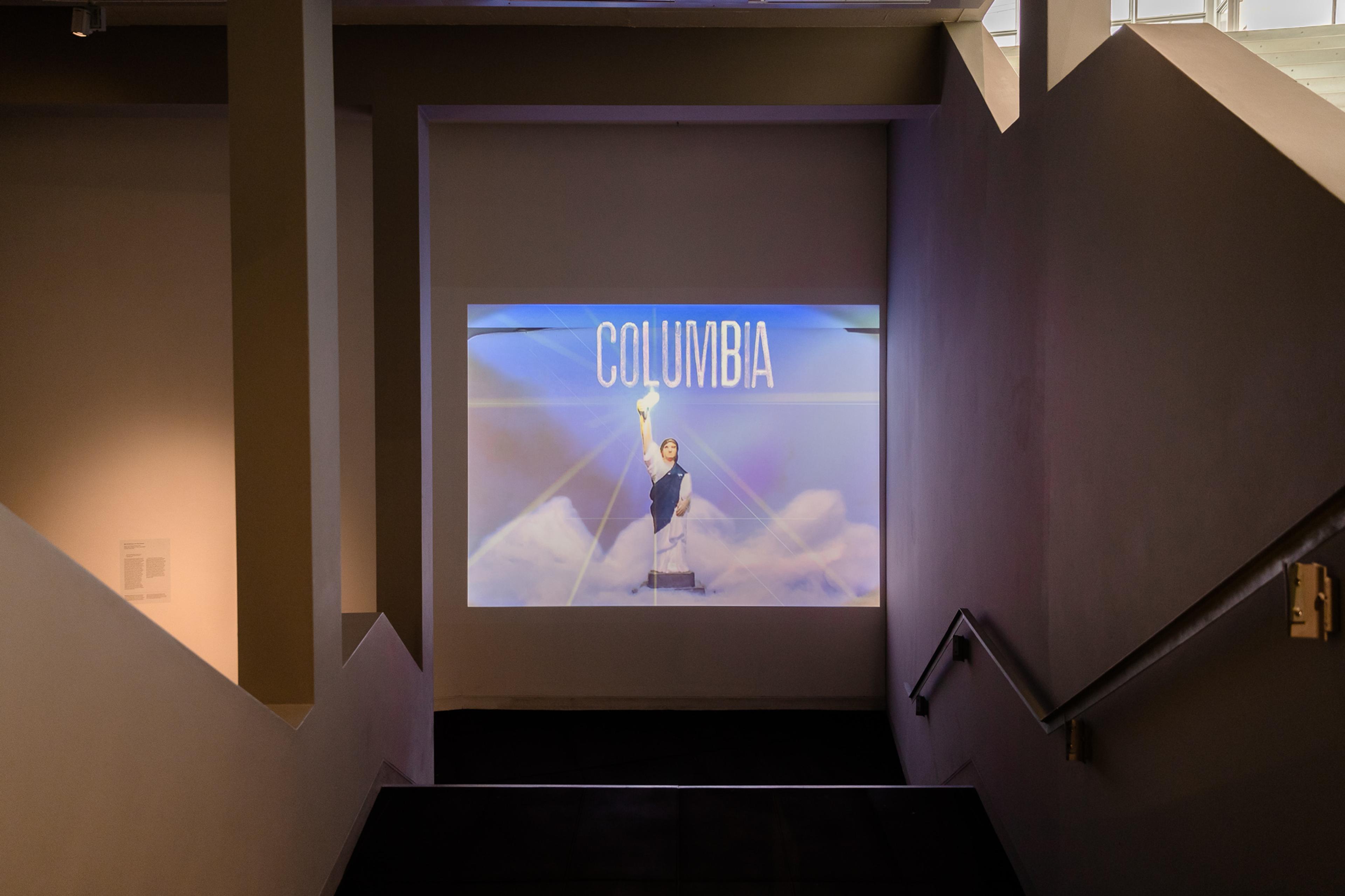 Mike Heynes, News of the Uruguay Round, 2016, digital video projection, 2 mins, colour/silent, courtesy of the artist. Installation view, Image Processors: Artists in the Medium – A Short History 1968–2020 , Te Pātaka Toi Adam Art Gallery, Victoria University of Wellington. Photo by Ted Whitaker.