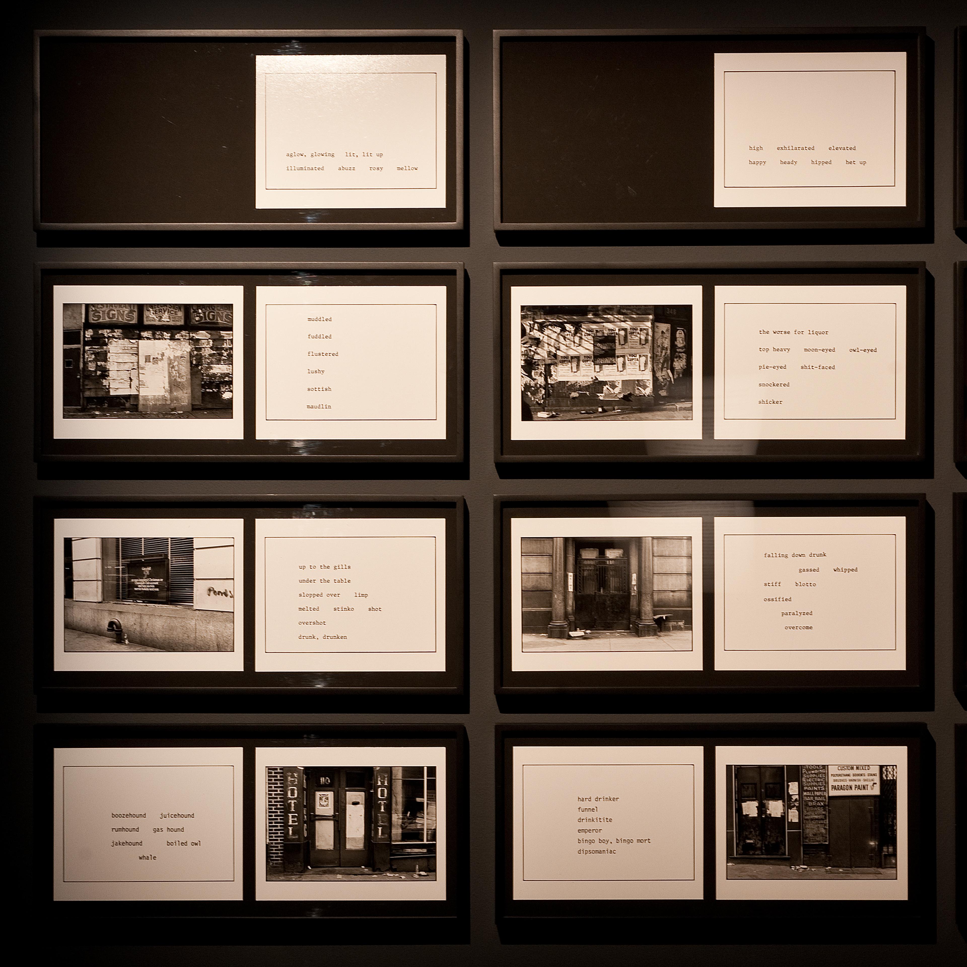 Martha Rosler, The Bowery in Two Inadequate Descriptive Systems, 1974-75, Series of 45 gelatin silver prints of text and images on 24 backing boards. Installation view, Martha Rosler: The Bowery in Two Inadequate Descriptive Systems, Adam Art Gallery Te Pātaka Toi, Victoria University of Wellington. Photo: Robert Cross