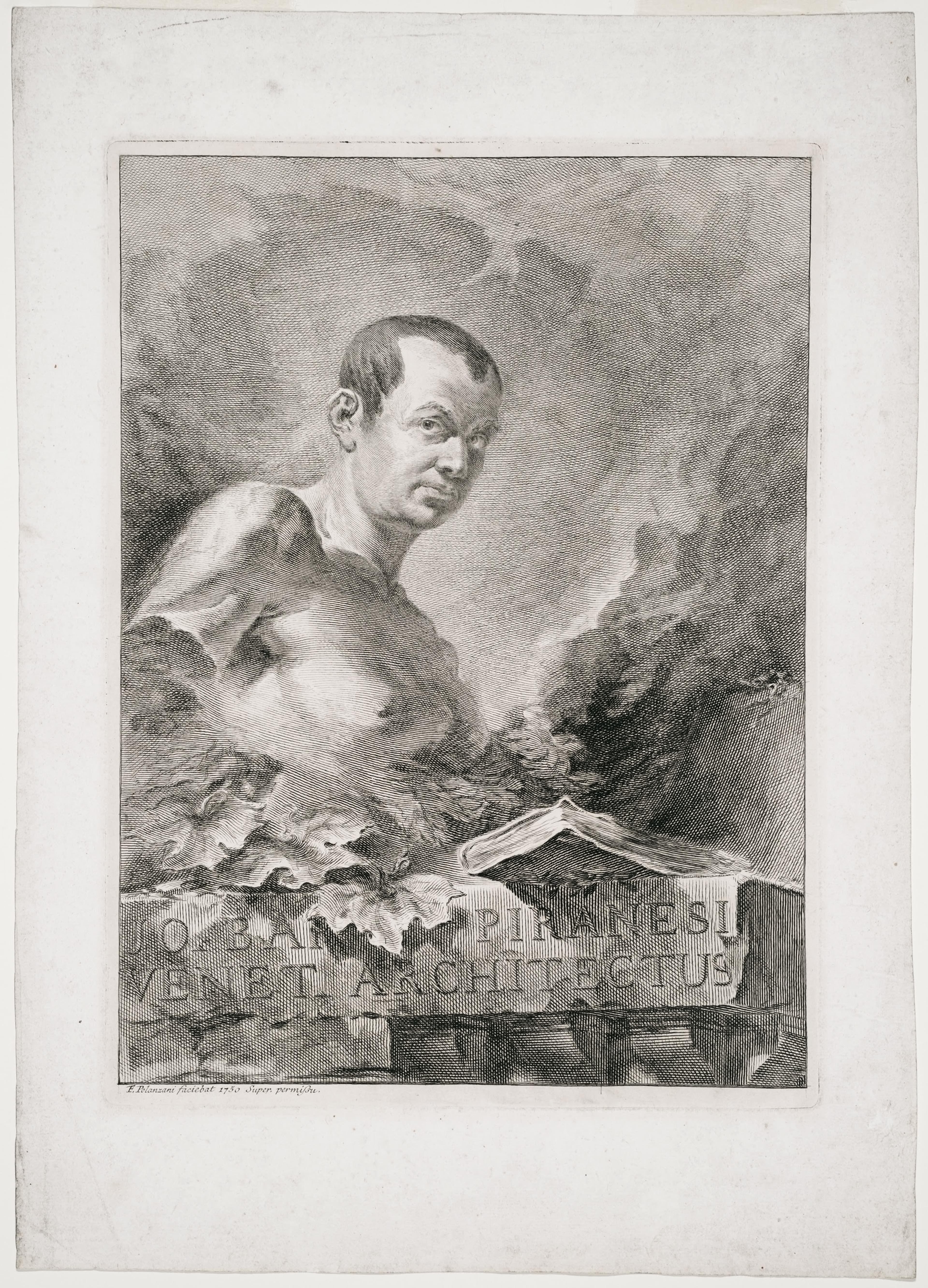 Felice Polanzani, Portrait of G.B. Piranesi, etching and engraving, 1750, 285 x 285mm (Alexander Turnbull library, reference C-091-01)
