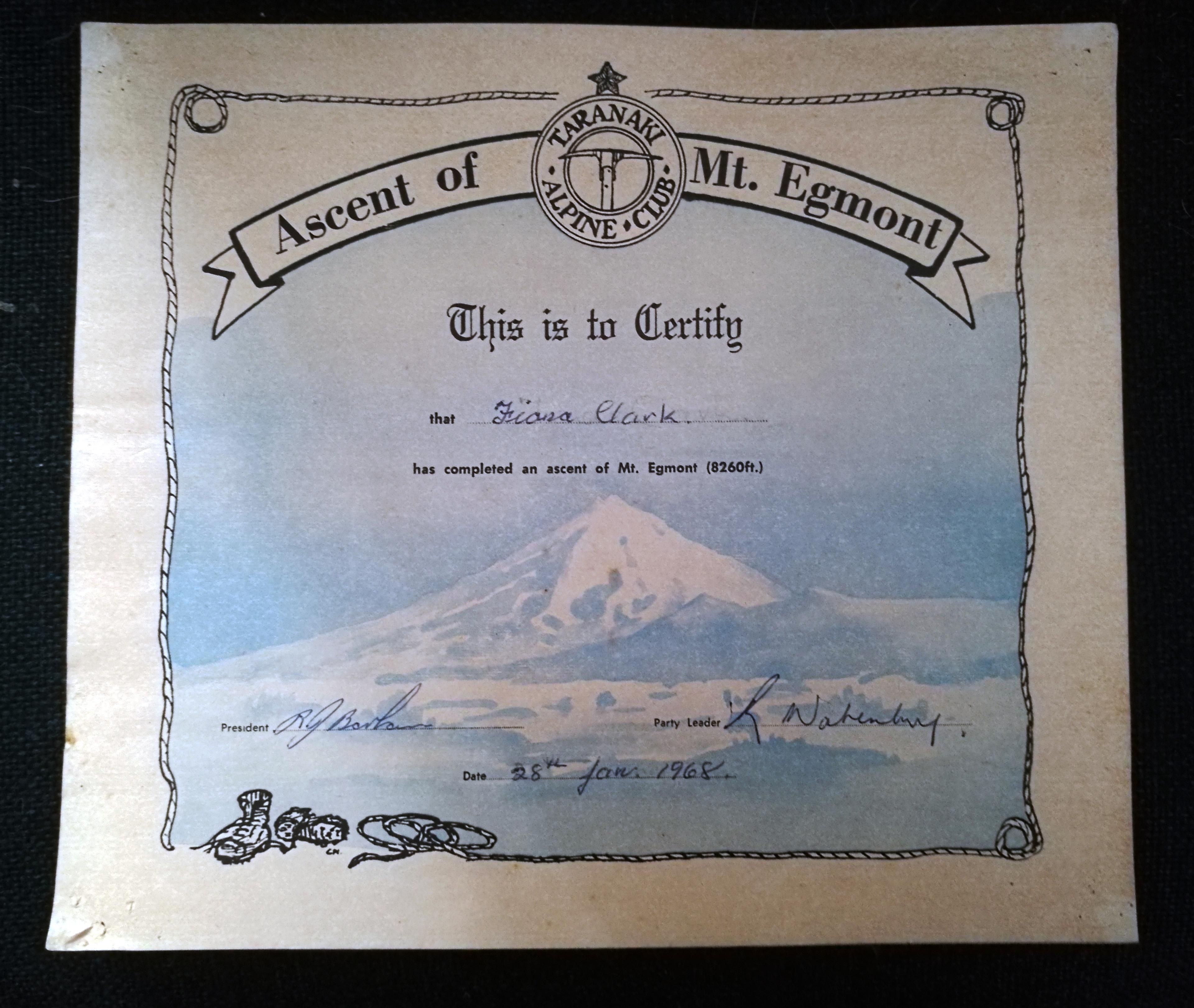 Fiona Clark, Ascent of Mt. Egmont, 1968, printed certificate, courtesy of Fiona Clark