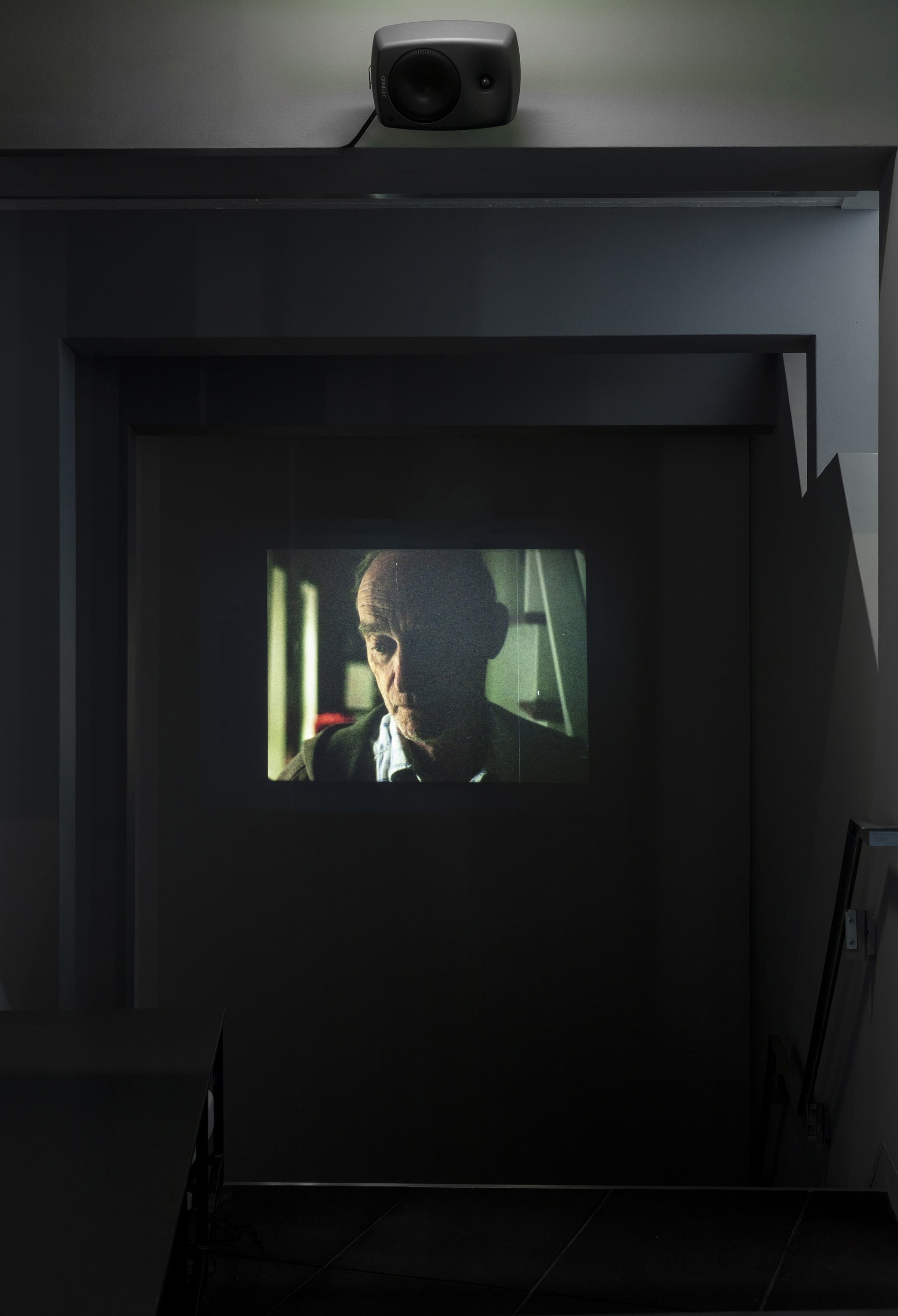 Luke Fowler, For Christian, 2016, 16mm film transferred to HD video, 6 minutes, 45 seconds, colour, mono, 4:3. Courtesy of the artist and The Modern Institute, Glasgow and Gisela Capitain Gallery, Cologne. Installation view, Passages: Luke Fowler, Florian Hecker, Susan Philipsz, curated by Stephen Cleland, Adam Art Gallery Te Pātaka Toi, Victoria University of Wellington, 2019. Photo: Shaun Waugh.