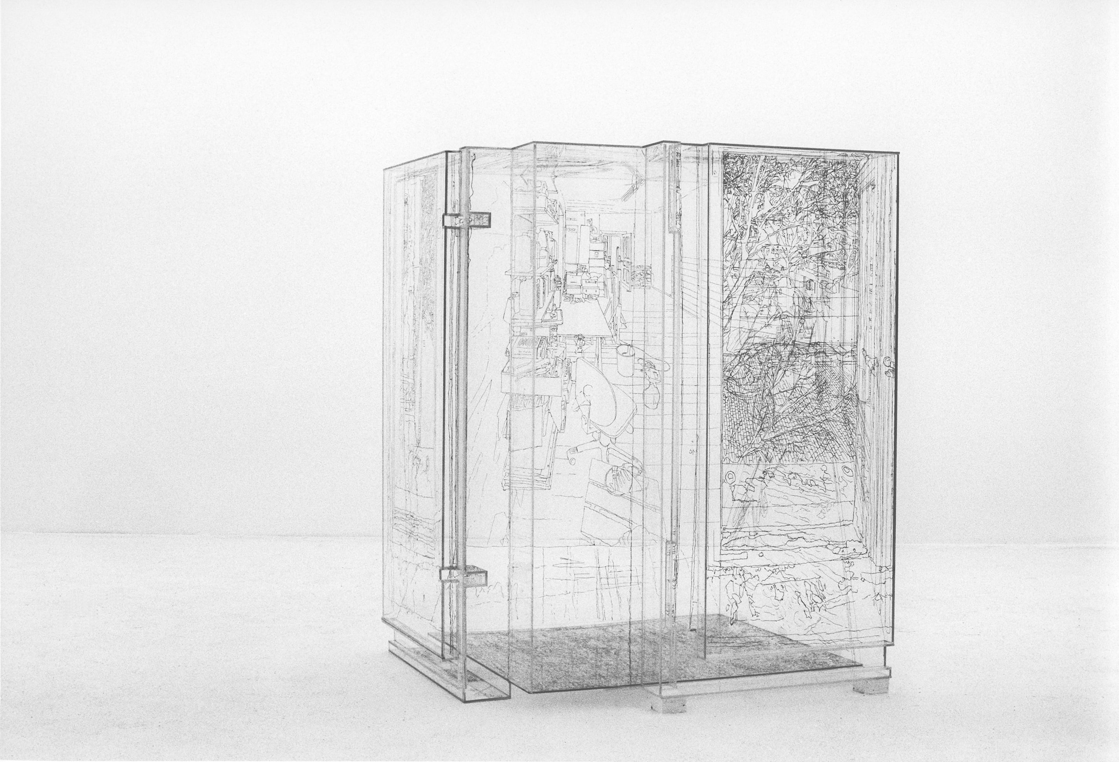 Pia Linz, Gehäusegravur: Atelier (Box Engraving: Studio), 2002-3, engraving on acrylic glass, tinted with intaglio ink, 875 x 960 x 1230mm