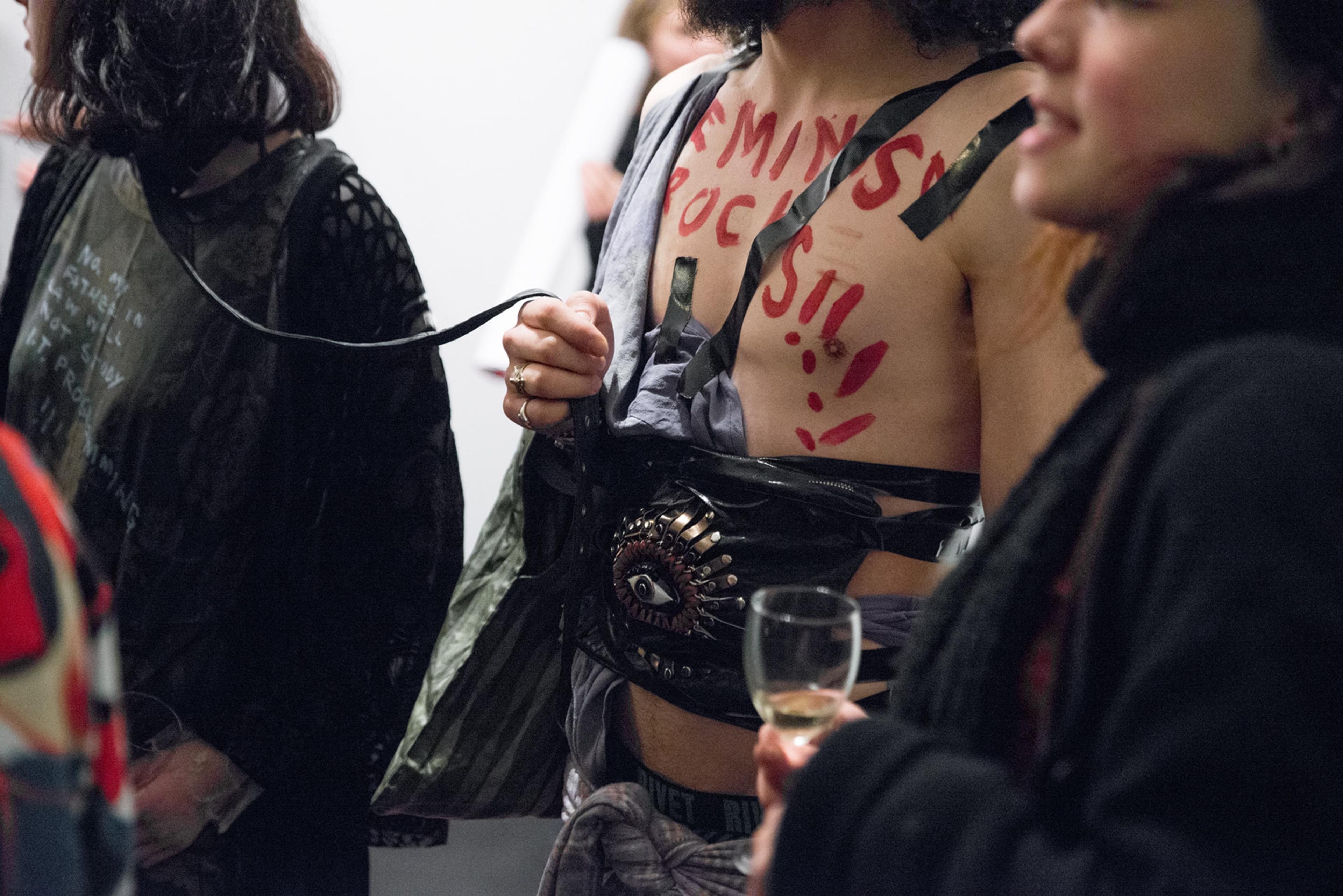 Model dressed by Clara Chon for Blue Blank, The Tomorrow People exhibition opening, Adam Art Gallery Te Pātaka Toi, 21 July 2017, photo: Shaun Matthews