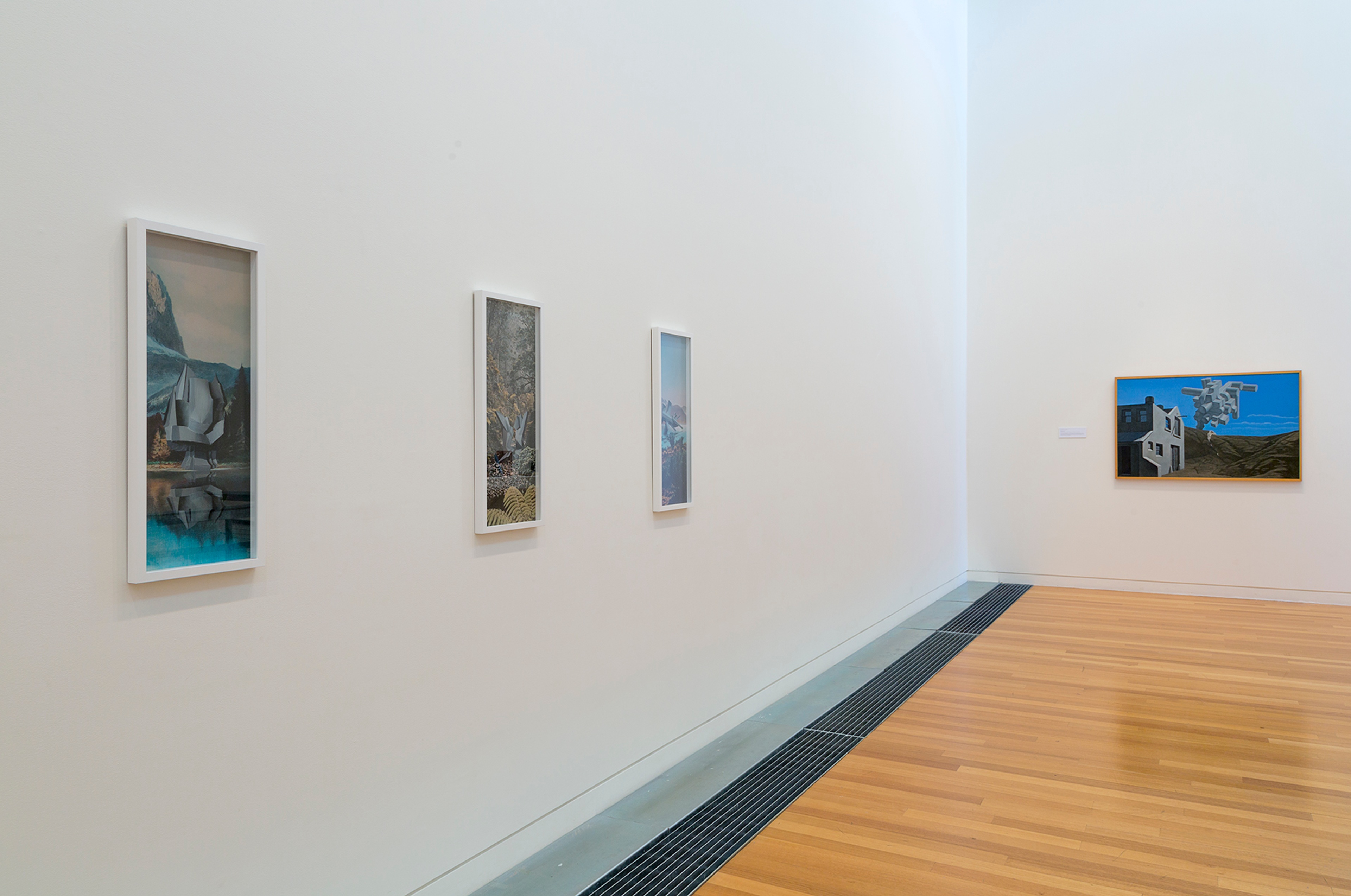 Installation view, Then and Now, Here and Nowhere: Gavin Hipkins, Peter Trevelyan, Shaun Waugh, Kate Woods, and Brent Wong in The More You Know: The Victoria University Art Collection in Context, Adam Art Gallery Te Pātaka Toi, Victoria University of Wellington, 2015. Photo: Shaun Waugh