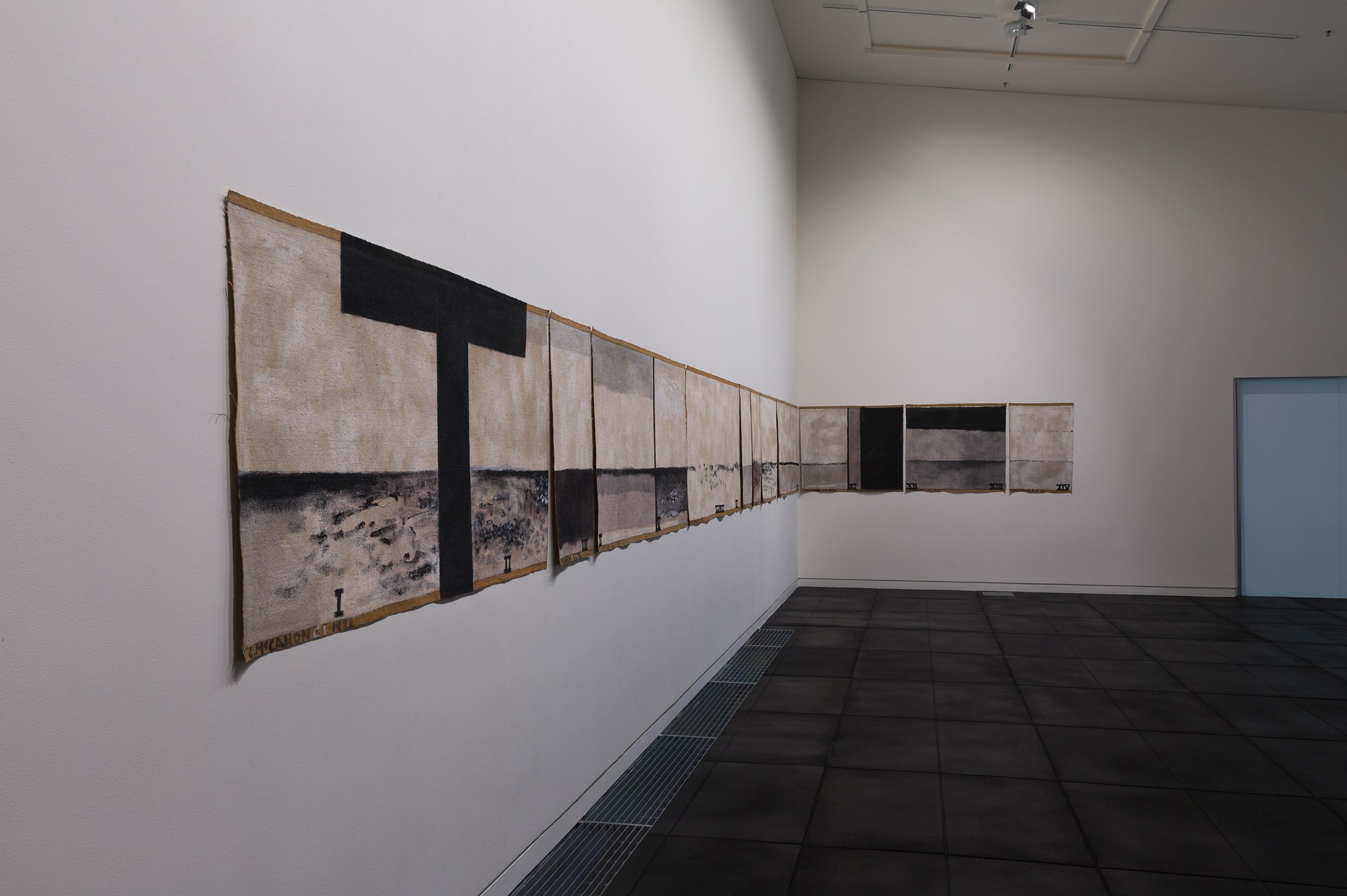 Colin McCahon, Walk (Series C) 1973, synthetic polymer paint on unstretched jute canvas, 11 panels. Collection of Museum of New Zealand Te Papa Tongarewa (photo: Shaun Waugh)