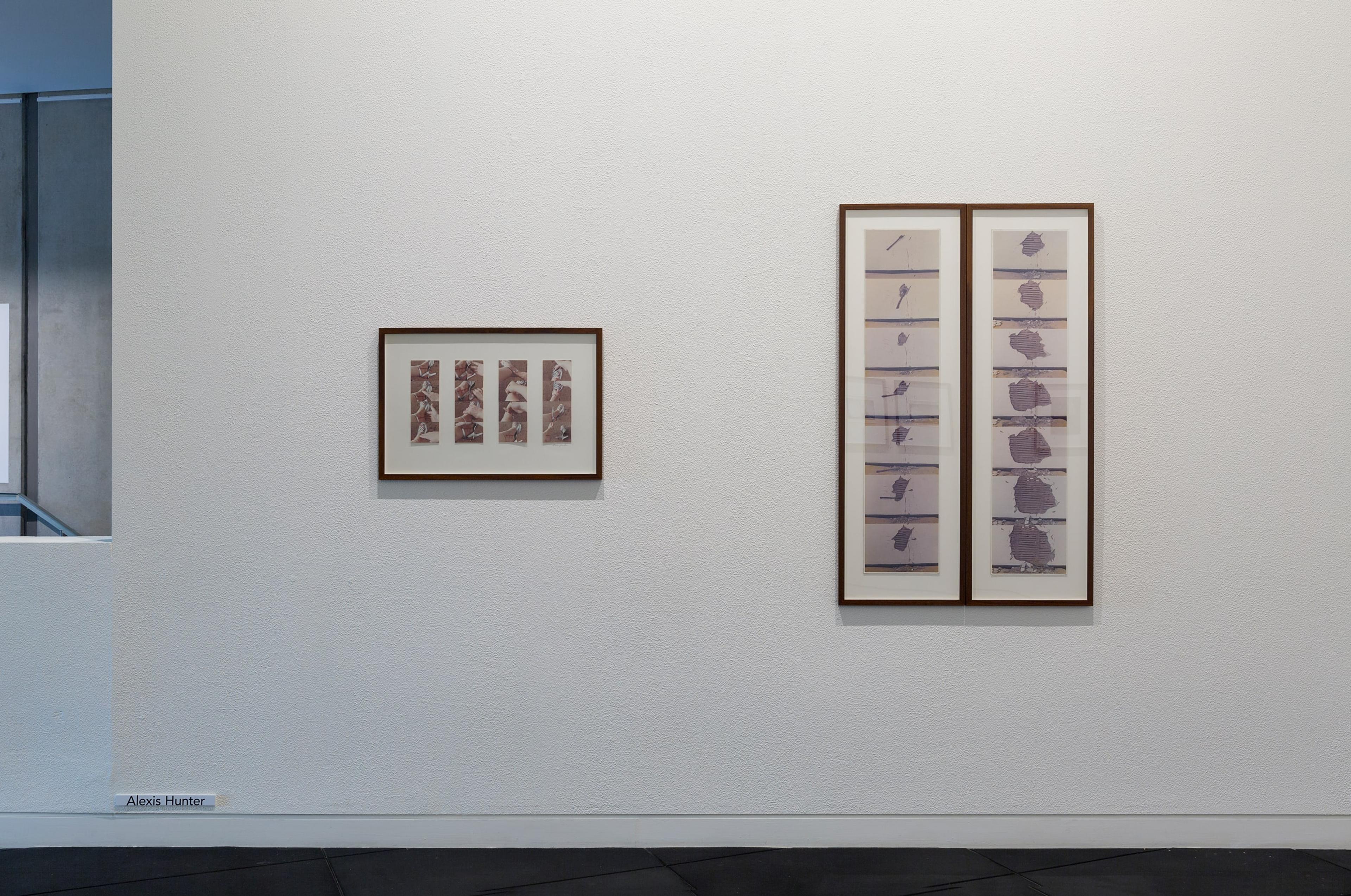 Left: Alexis Hunter, Approach to Fear V11: Pain-Solace (Hoxton, London) 1975 16 colour photographs, framed. Right: Alexis Hunter, Approach to Fear VI: Violence, Destruction of Evidence (Bermondsey, London) 1976, 8 framed colour photographs, two parts. All images courtesy of the artist’s estate. In Fragments of a World, curated by Sandy Callister, Adam Art Gallery Te Pātaka Toi, Victoria University of Wellington (photo: Shaun Waugh)