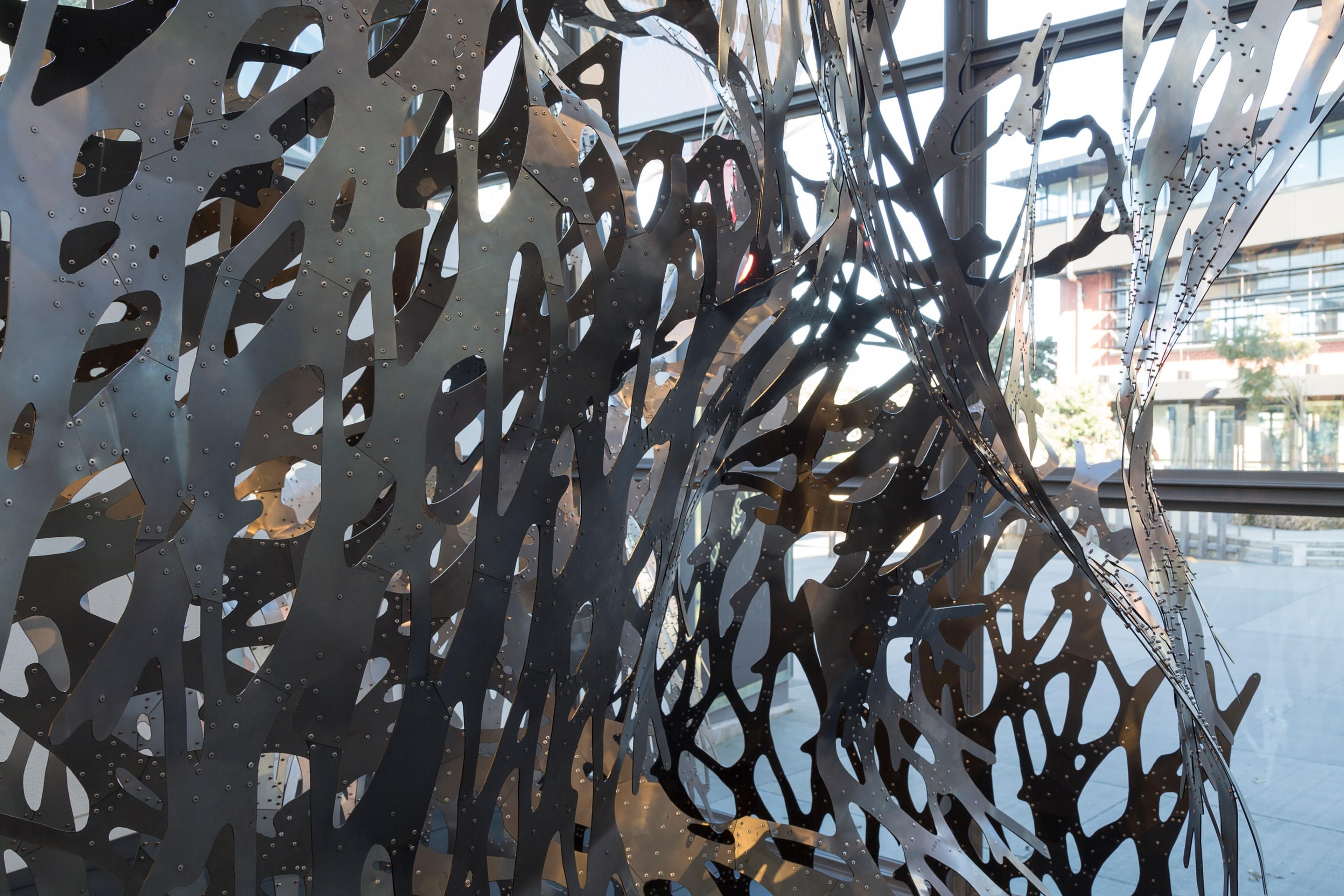 Roland Snooks, AgentBody Prototype 2015 (detail), cut steel, aluminium, in the exhibition Drawing Is/Not Building at the Adam Art Gallery Te Pātaka Toi, Victoria University of Wellington (photo: Shaun Waugh)