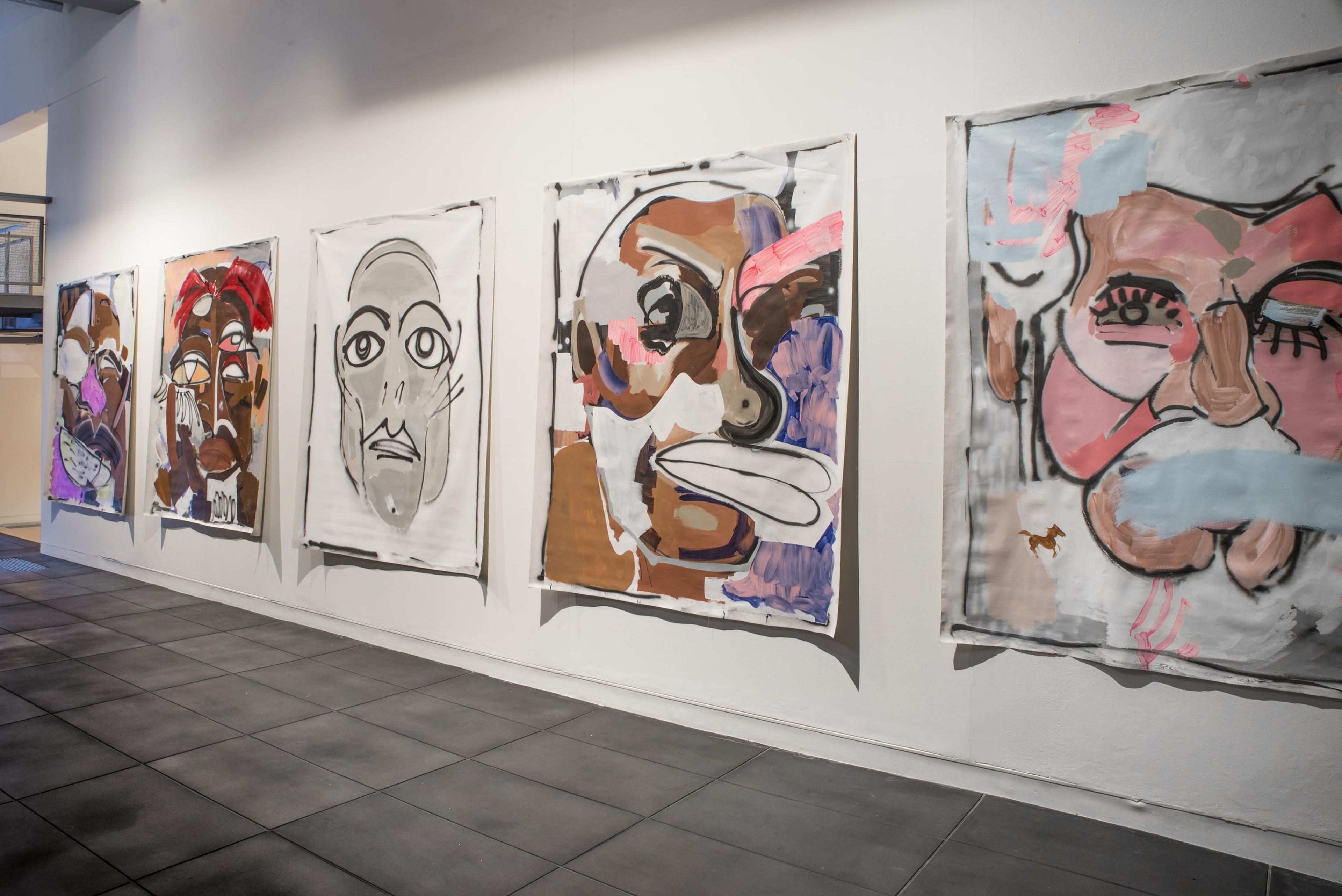 Christina Pataialii, From left to right: Bite Fight – Mike Tyson, 2016; California Love – 2Pac, 2016; Black or White – Michael Jackson, 2016; My Cousin – Dwayne Johnson, 2016; Islands in the Stream – Kenny Rogers, 2016, acrylic, house paint and spray paint on canvas. Courtesy of the artist. On view in the exhibition The Tomorrow People, Adam Art Gallery Te Pātaka Toi, 22 July – 1 October 2017, photo: Shaun Matthews