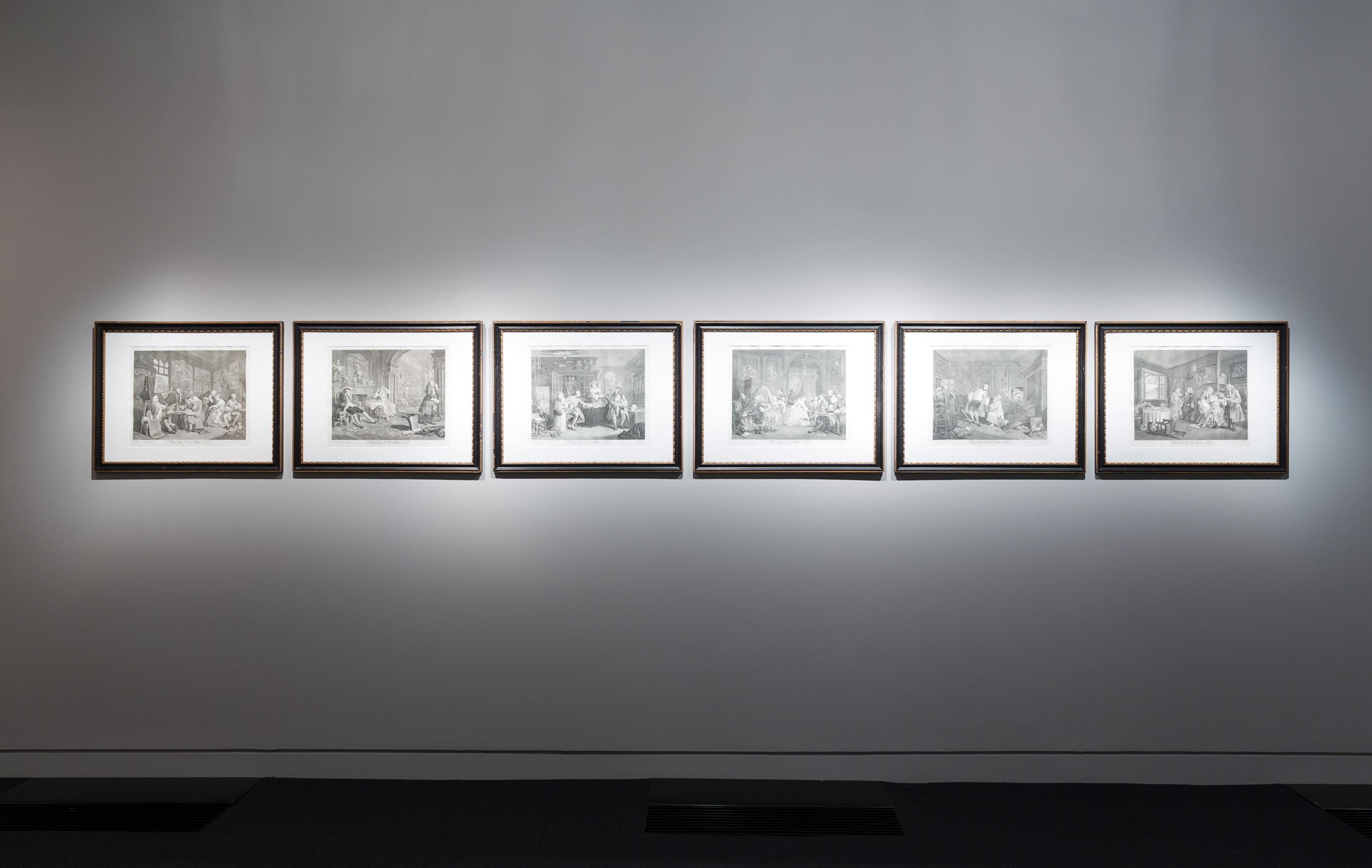 Installation view of State of the art at the Adam Art Gallery, showing Bernard Baron (1696–1762), Simon François Ravenet (1706–1774) and Gérard Jean Baptiste II Scotin (1698–1755) with William Hogarth (1697–1764), Marriage A-la-Mode, 1790 (original publication date 1 April 1745). Six prints, engraving and etching, each approx. 385 x 465mm. Private collection. Photo: Shaun Waugh.