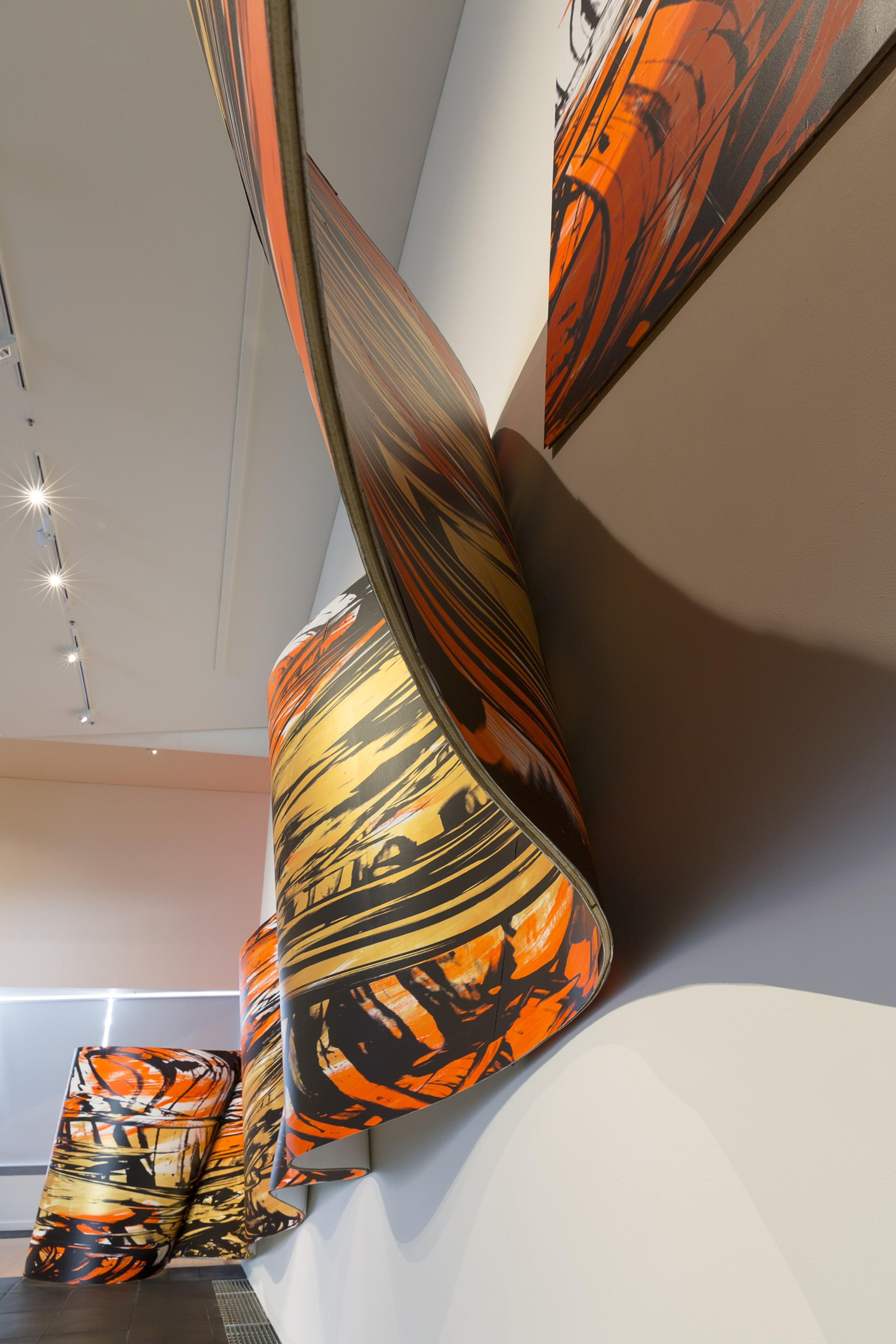 Judy Millar, installation view of Space Work 7, 2014. Wood, paint, digital print, 11.1 x 4.3 meters. Courtesy of the artist, Gow Langsford, Auckland and the Adam Art Gallery. Photo: Shaun Waugh.