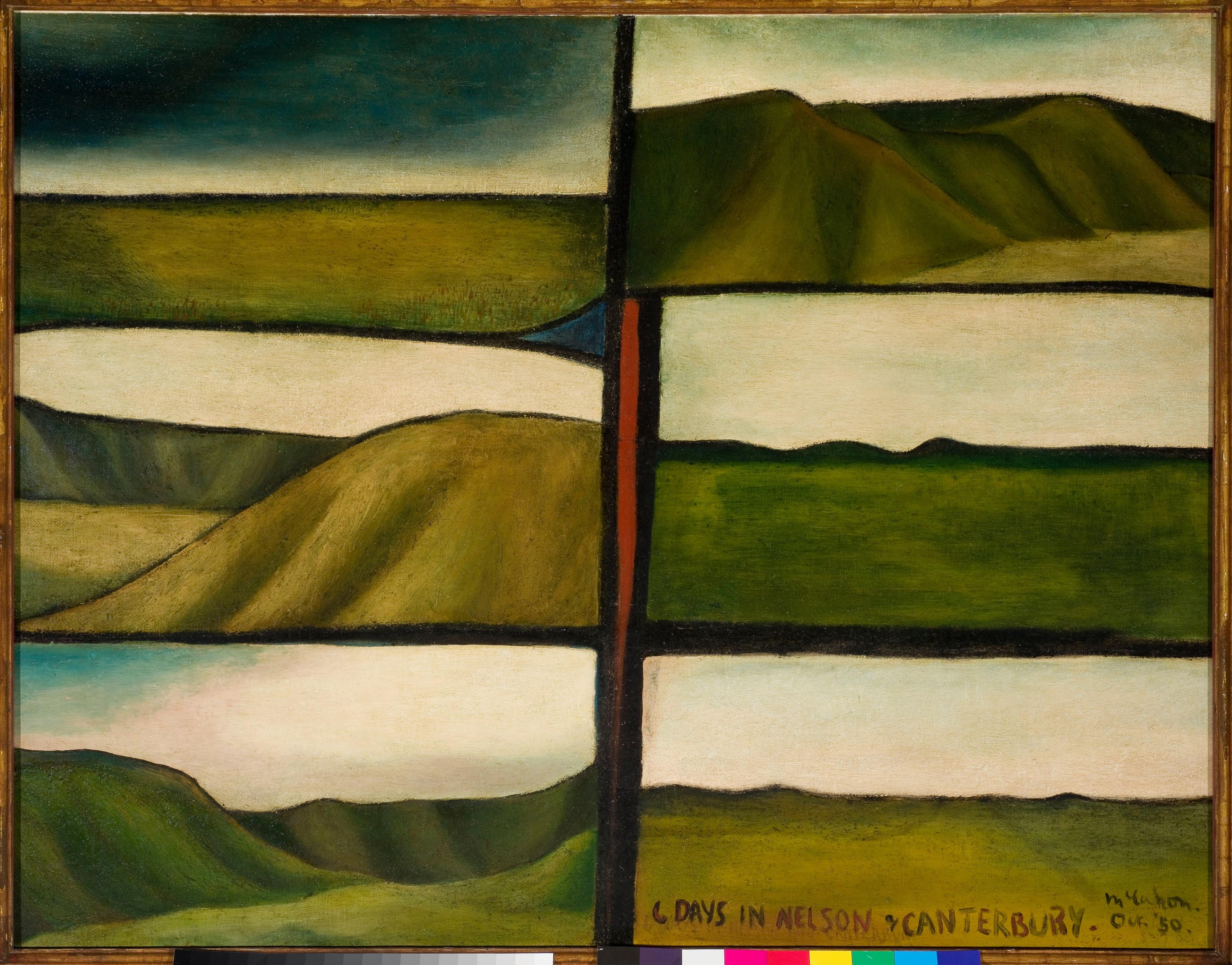 Colin McCahon, Six days in Nelson and Canterbury, 1950. Oil on canvas, 885 x 1165 mm. Collection of Auckland Art Gallery Toi o Tāmaki, gift of Colin McCahon through the Friends of the Auckland Art Gallery, 1978.