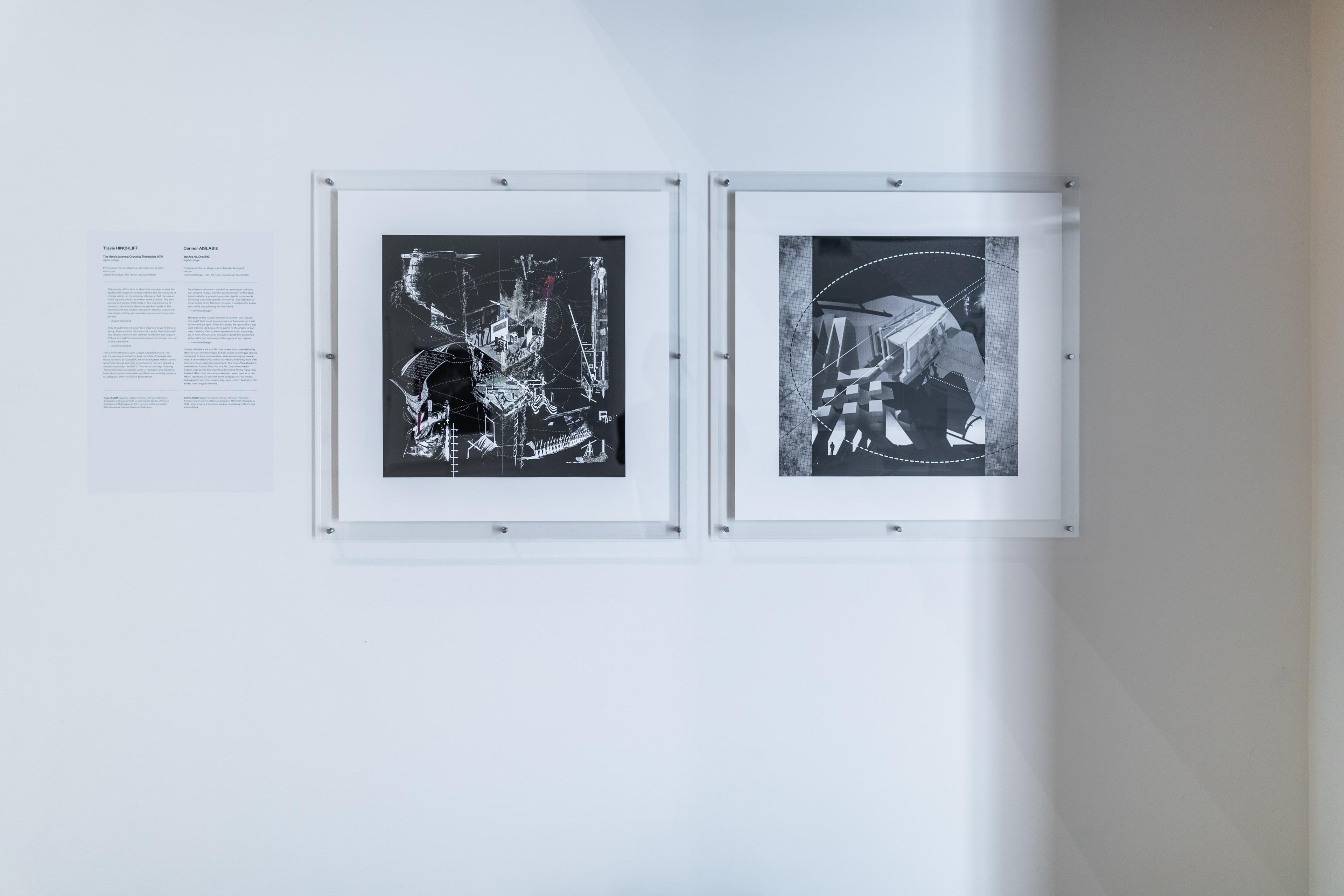 Straight on view of a gallery wall with text and square architectural images in perspex mounts. Daniel K. Brown 