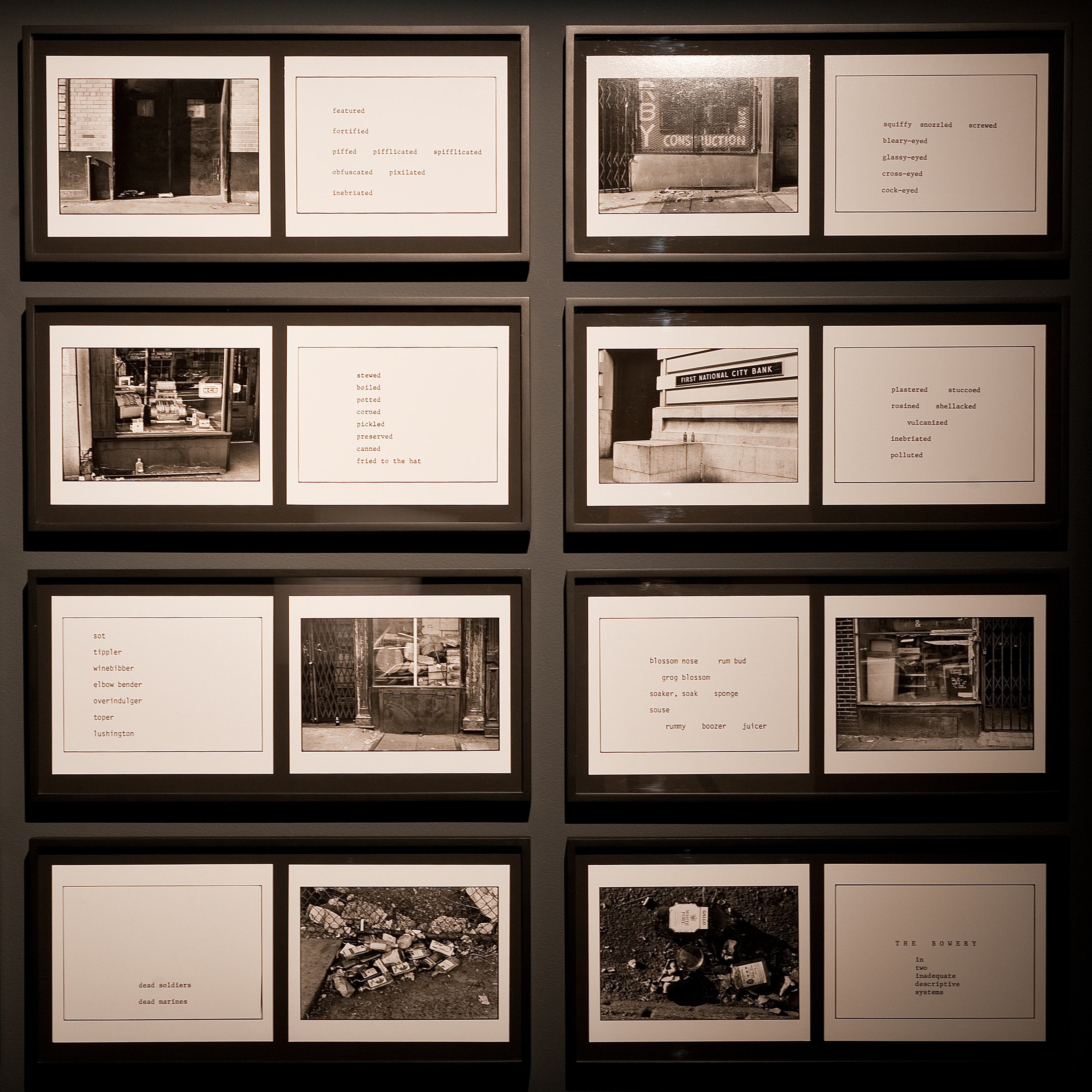 Martha Rosler, The Bowery in Two Inadequate Descriptive Systems, 1974-75, Series of 45 gelatin silver prints of text and images on 24 backing boards. Installation view, Martha Rosler: The Bowery in Two Inadequate Descriptive Systems, Adam Art Gallery Te Pātaka Toi, Victoria University of Wellington. Photo: Robert Cross