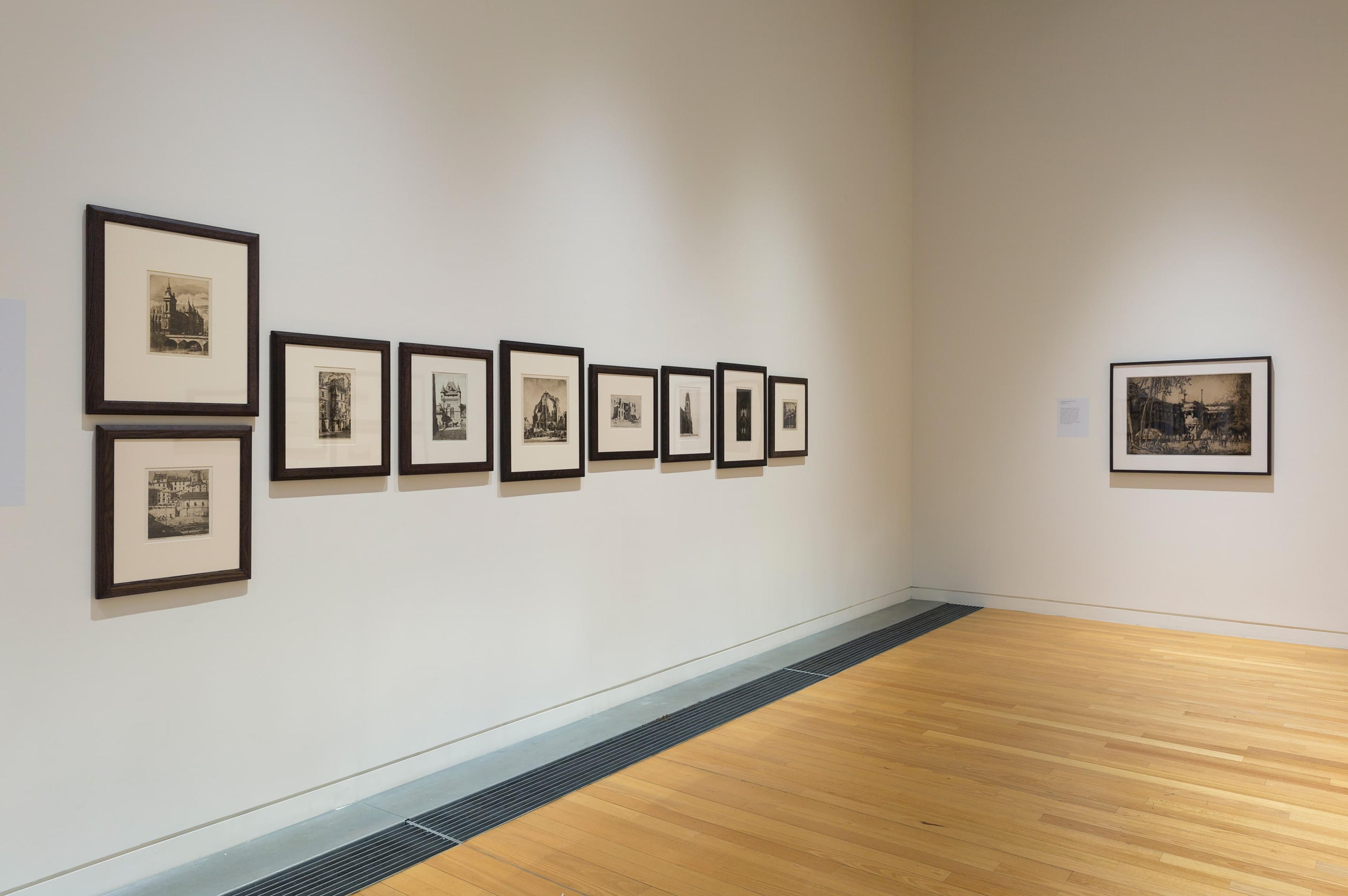Installation view, Traces of the Wake: The Etching Revival in Britain and Beyond, curated by David Maskill and his ARTH 403 students, Adam Art Gallery Te Pātaka Toi, Victoria University of Wellington, 2015. Photo: Shaun Waugh