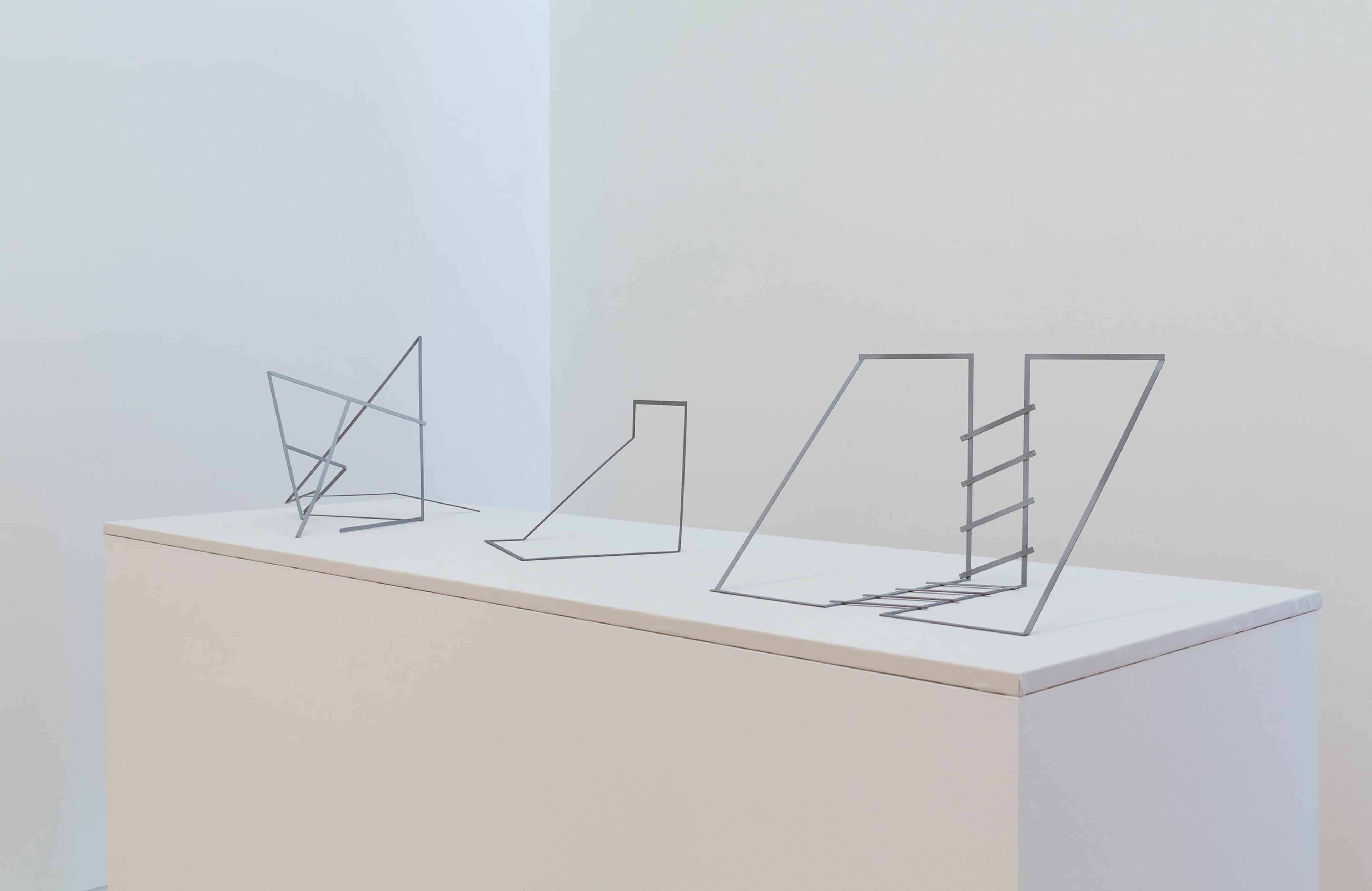 Installation view of John Panting: Spatial Constructions at the Adam Art Gallery, showing Untitled, circa 1972, mild steel and aluminium paint. Collection of Museum of New Zealand Te Papa Tongarewa. Photo: Shaun Waugh.