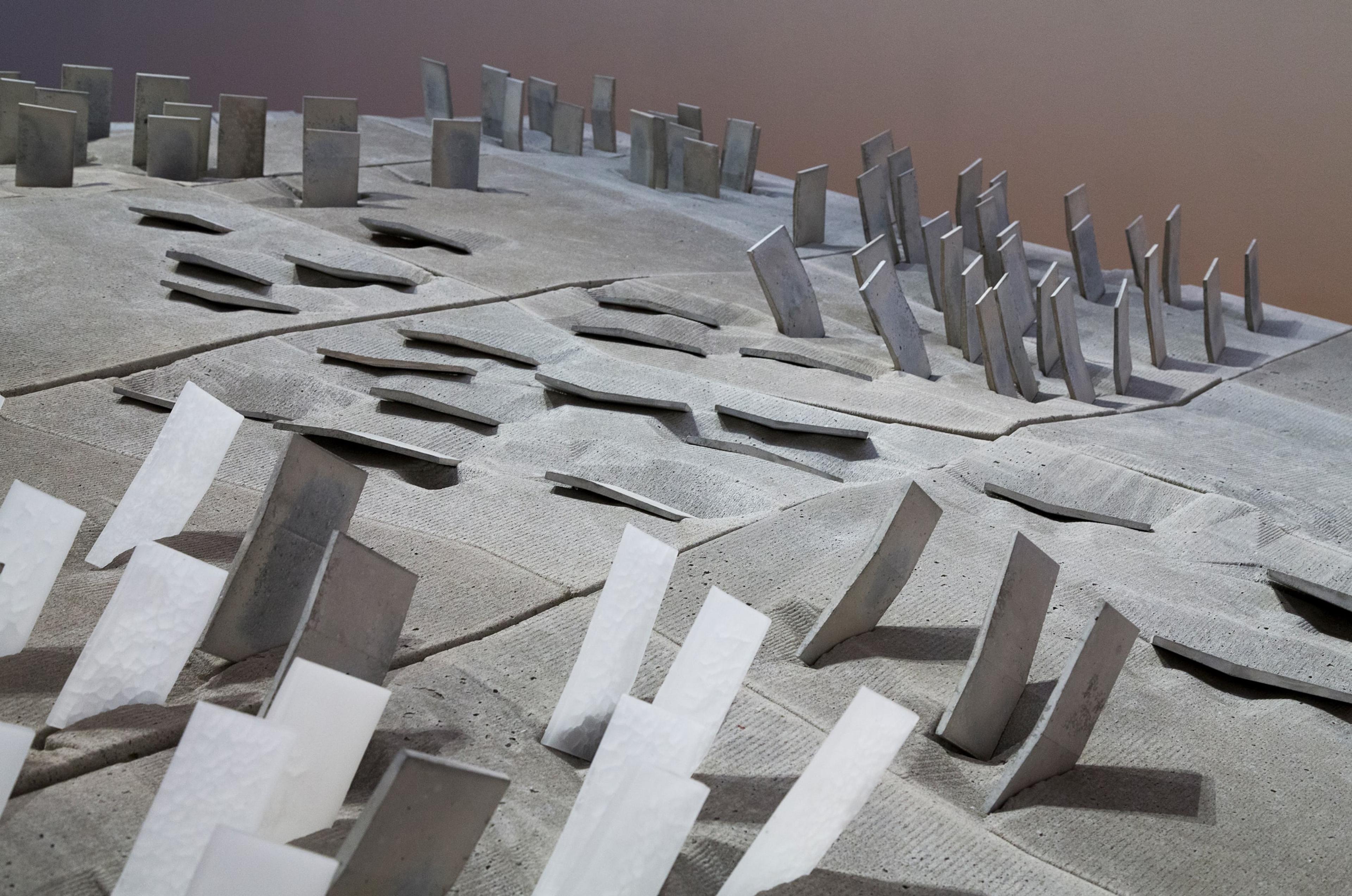 Simon Twose, detail view of Concrete Drawing, 2014-5, concrete, polystyrene, wax, photographs and graphite, in the exhibition Drawing Is/Not Building at the Adam Art Gallery Te Pātaka Toi, Victoria University of Wellington (photo: Shaun Waugh)