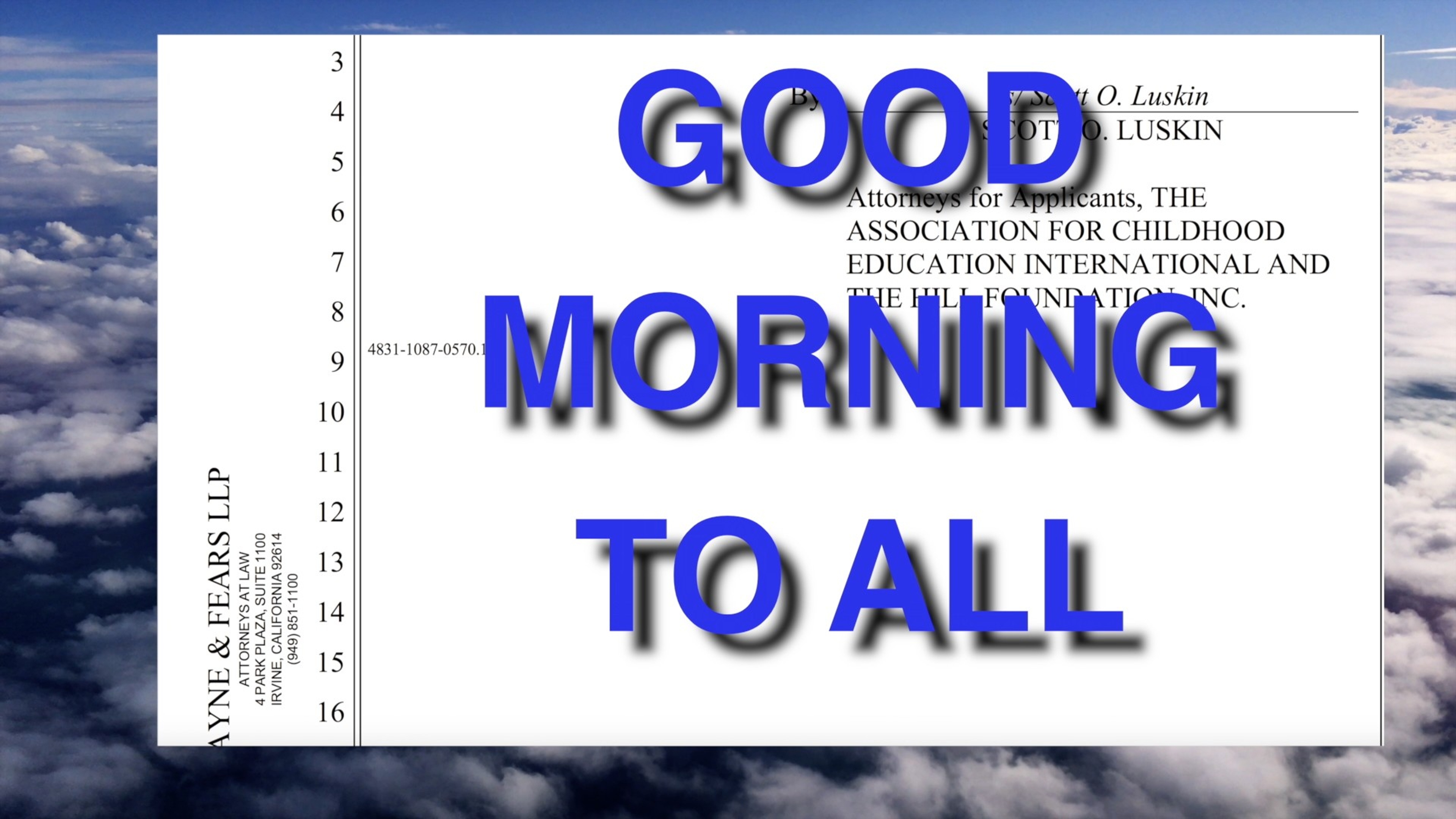 Screen saying 'good morning to all' in blue on white.