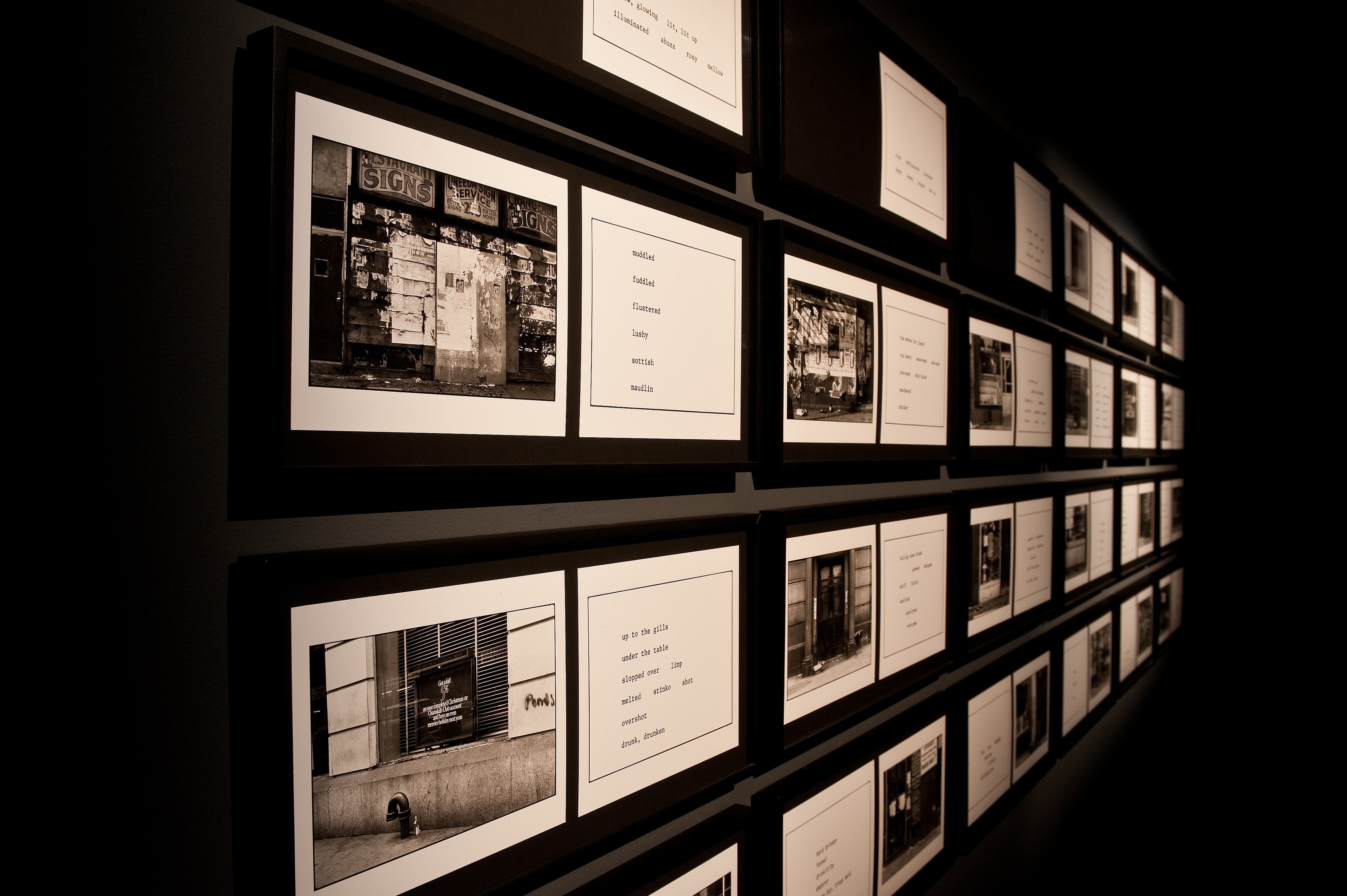 Martha Rosler, The Bowery in Two Inadequate Descriptive Systems, 1974-75, Series of 45 gelatin silver prints of text and images on 24 backing boards. Installation view, Martha Rosler: The Bowery in Two Inadequate Descriptive Systems, Adam Art Gallery Te Pātaka Toi, Victoria University of Wellington. Photo: Robert Cross