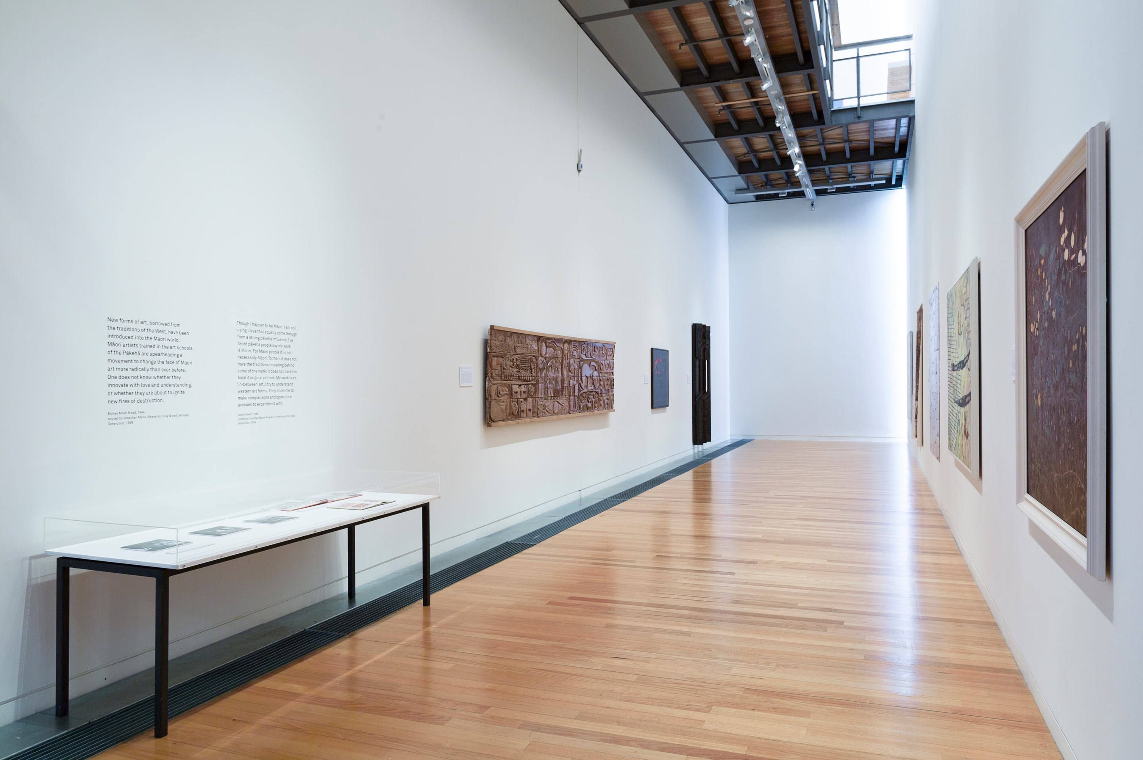 Installation view of the exhibition Give and Take/Hoki Whakamuri, Haere Whakamua: Dynamice Cultural Forms in Aotearoa New Zealand in The More You Know: The Victoria University Art Collection in Context at the Adam Art Gallery Te Pātaka Toi, Victoria University of Wellington (photo: Shaun Waugh)
