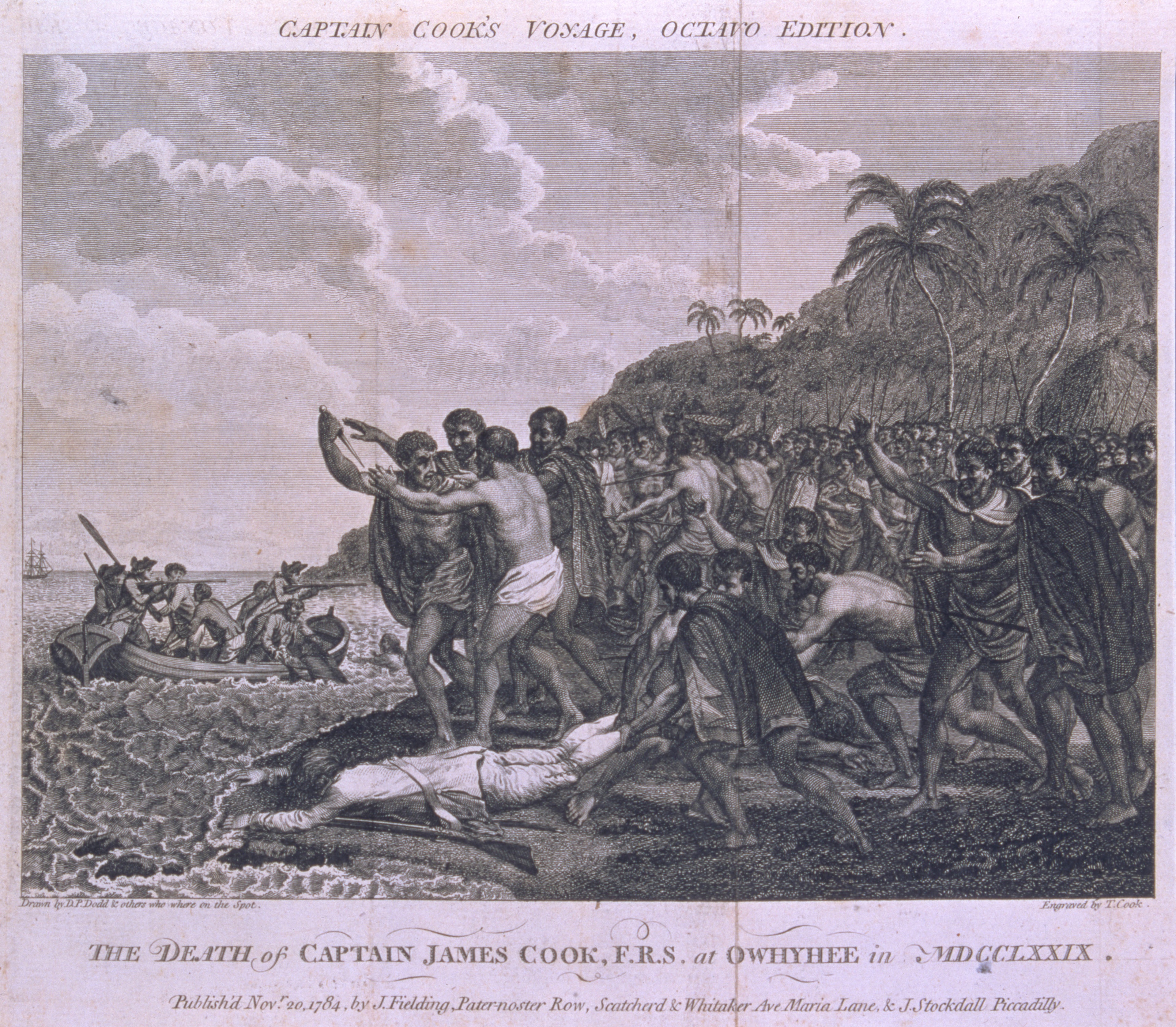 Thomas Cook after D. P. Dodd, The death of Captain James Cook, 1784, engraving from James Cook and James King, A voyage to the Pacific Ocean, octavo edition, 1784, v. 3, fp. 198. J. C. Beaglehole Room, Victoria University of Wellington