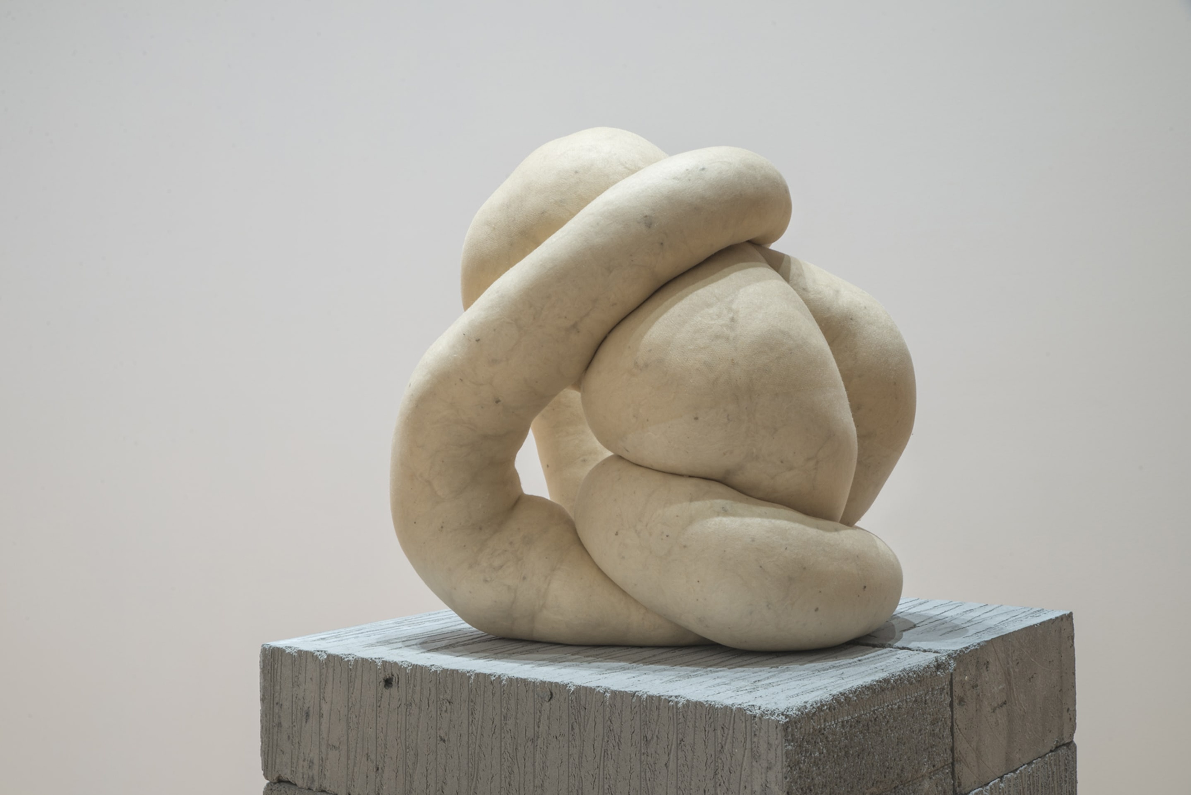 Sarah Lucas, NUD CYCLADIC 1, 2009, tights, fluff, wire, concrete blocks, MDF, Collection of Christchurch Art Gallery Te Puna o Waiwhetu. Purchase enabled by a gift from Andrew and Jenny Smith, made in response to the generosity of Sarah Lucas, Sadie Coles, London and Two Rooms, Auckland to the people of Christchurch on the occasion of the Canterbury Earthquake, February 2011, on view in Acting Out at Adam Art Gallery Te Pātaka Toi, photo: Shaun Matthews