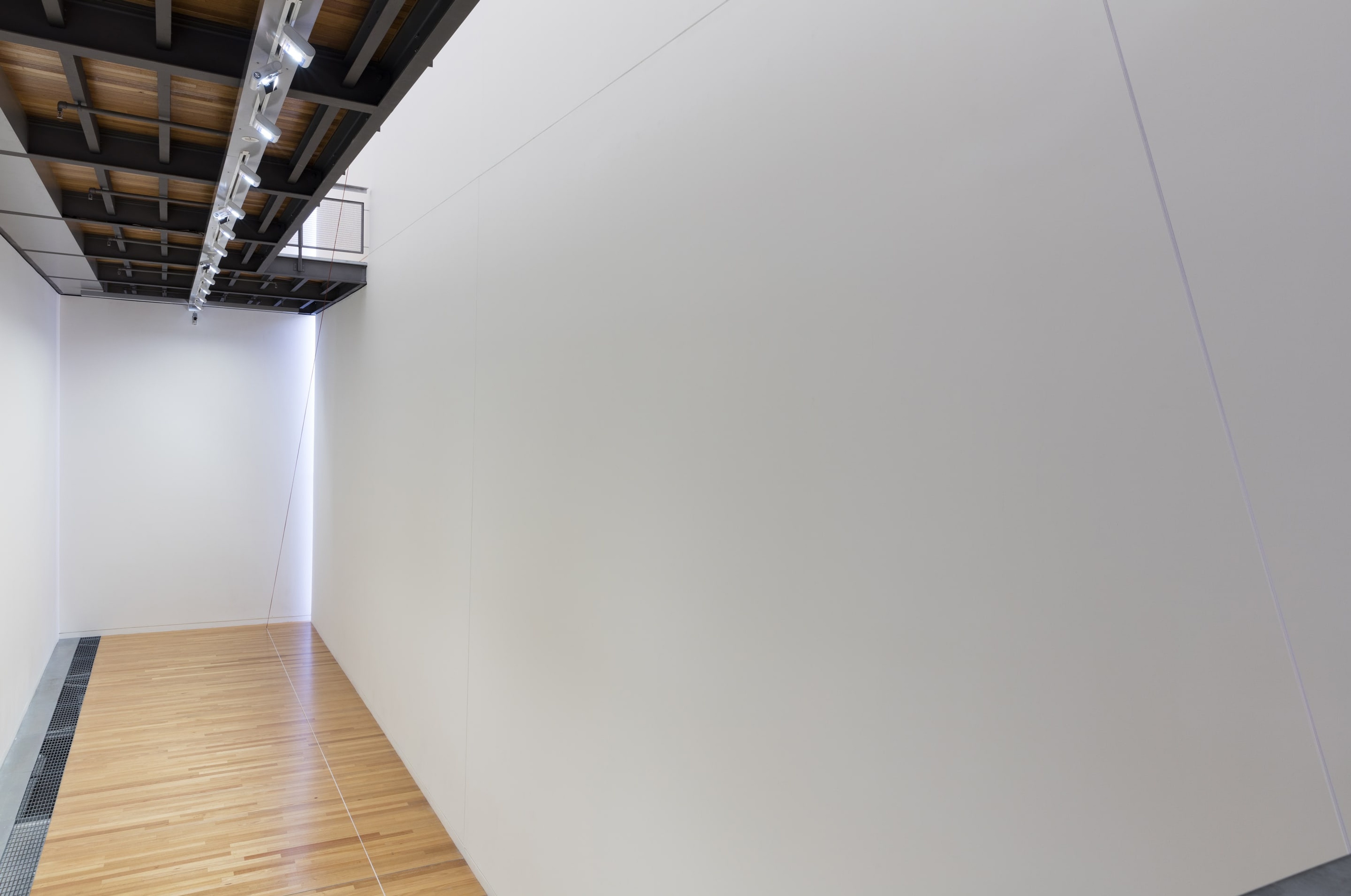 Installation view of Fred Sandback, Untitled (Triangle with Broken Leg) 1988, acrylic yarn. Courtesy of the Fred Sandback Estate, Jensen Gallery, Sydney and Fox/Jensen, Auckland. In the exhibition Inhabiting Space at the Adam Art Gallery Te Pātaka Toi, Victoria University of Wellington (photo: Shaun Waugh)