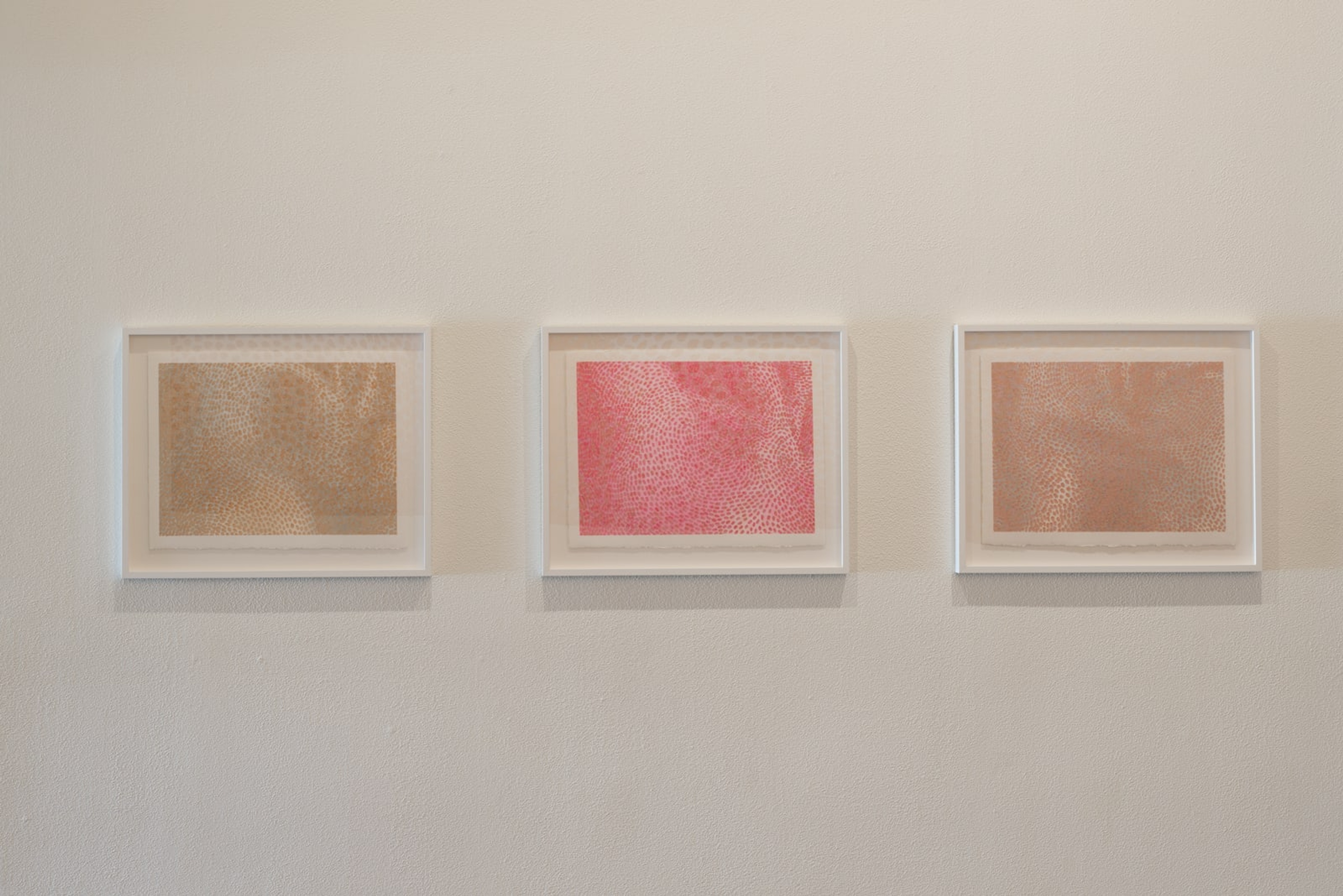 Raukura Turei, Te poho-o-Hine-Ruhi, 2018 three works from a series of five oil pastel on paper, framed, 73 x 92cm, each, courtesy of the artist. Installation view, The earth looks upon us / Ko Papatūānuku te matua o te tangata, curated by Christina Barton, Adam Art Gallery Te Pātaka Toi, Victoria University of Wellington