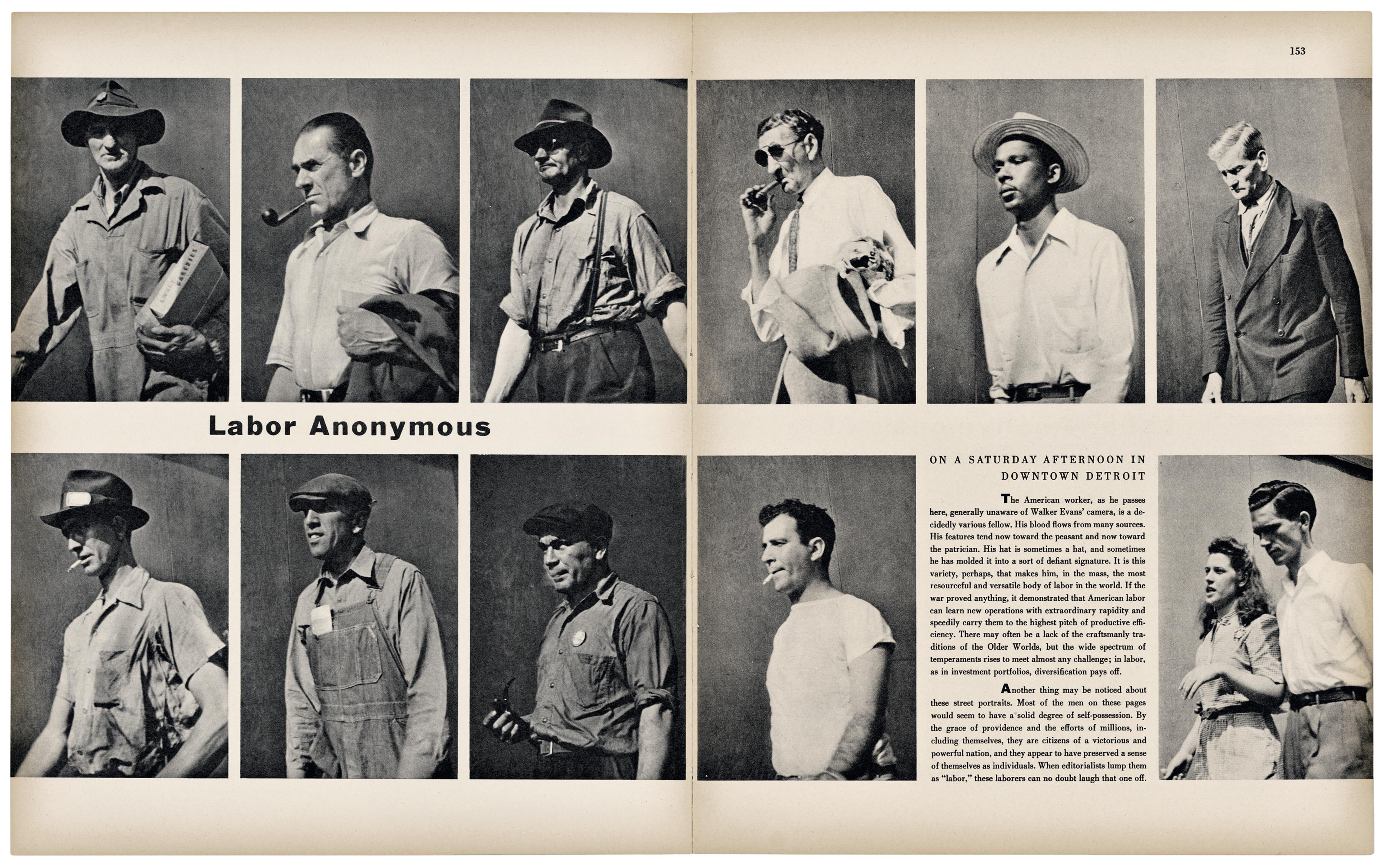 Image: Walker Evans, page spread for 'Labor Anonymous', Fortune, November 1946. Courtesy of The Metropolitan Museum of Art, New York.