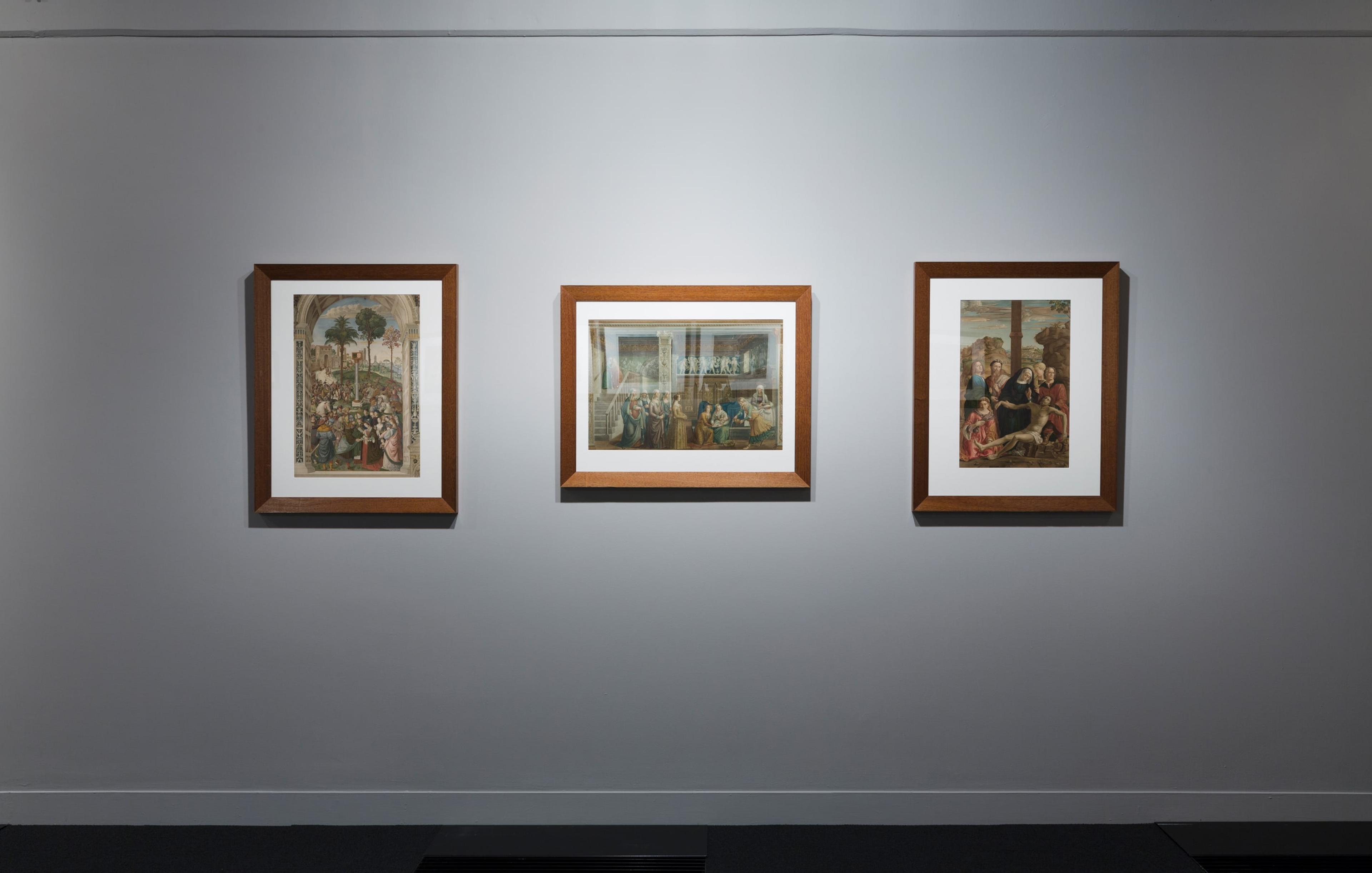 Installation view of State of the art at the Adam Art Gallery, showing three chromolithographs after Italian Renaissance paintings published by The Arundel Society, London, 1890s. Wellington: Alexander Turnbull Library, National Library of New Zealand Te Puna Mātauranga o Aotearoa. Photo: Shaun Waugh.