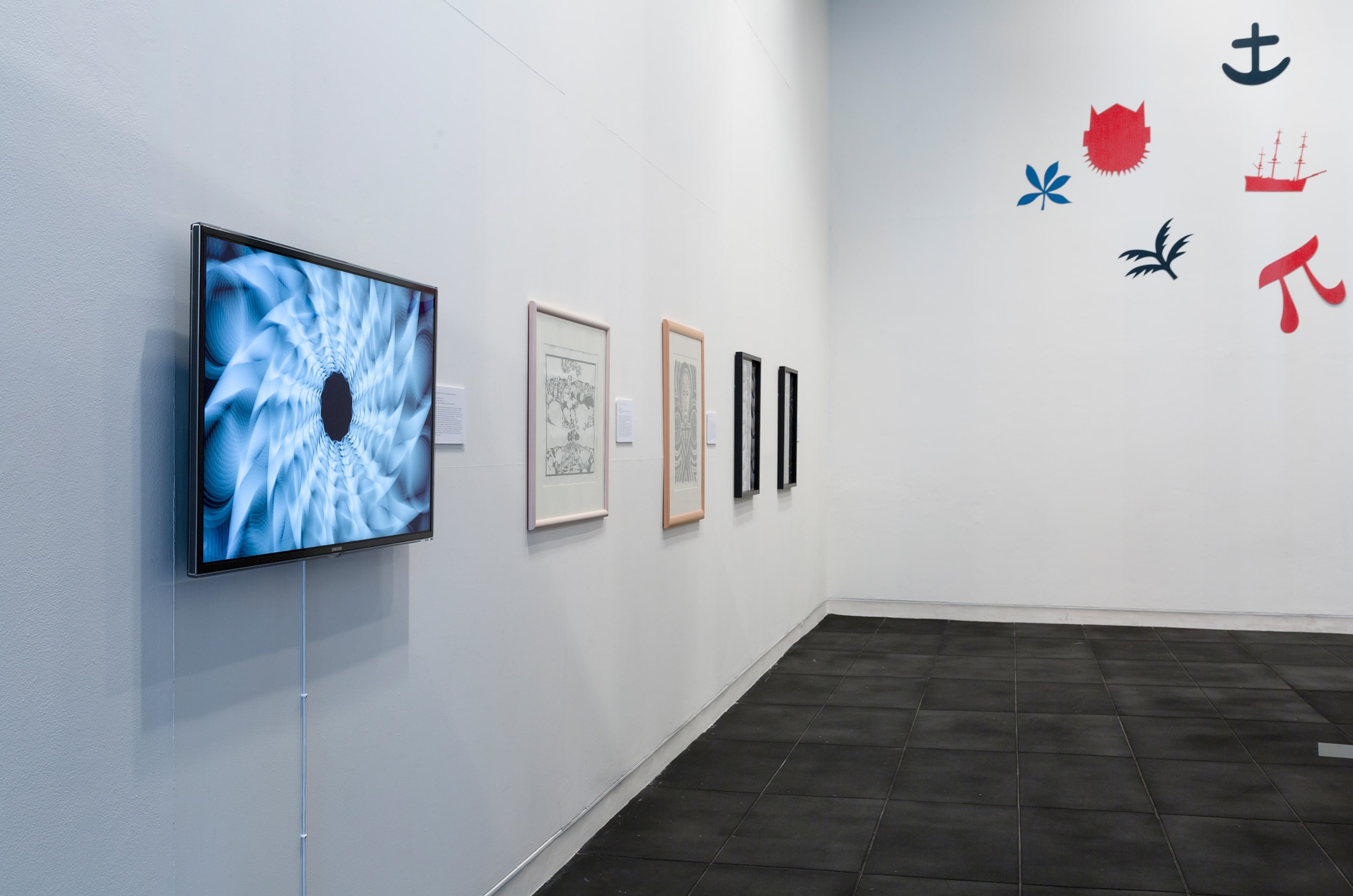Installation view of the exhibition Give and Take/Hoki Whakamuri, Haere Whakamua: Dynamic Cultural Forms in Aotearoa New Zealand in The More You Know: The Victoria University Art Collection in Context at the Adam Art Gallery Te Pātaka Toi, Victoria University of Wellington (photo: Shaun Waugh)