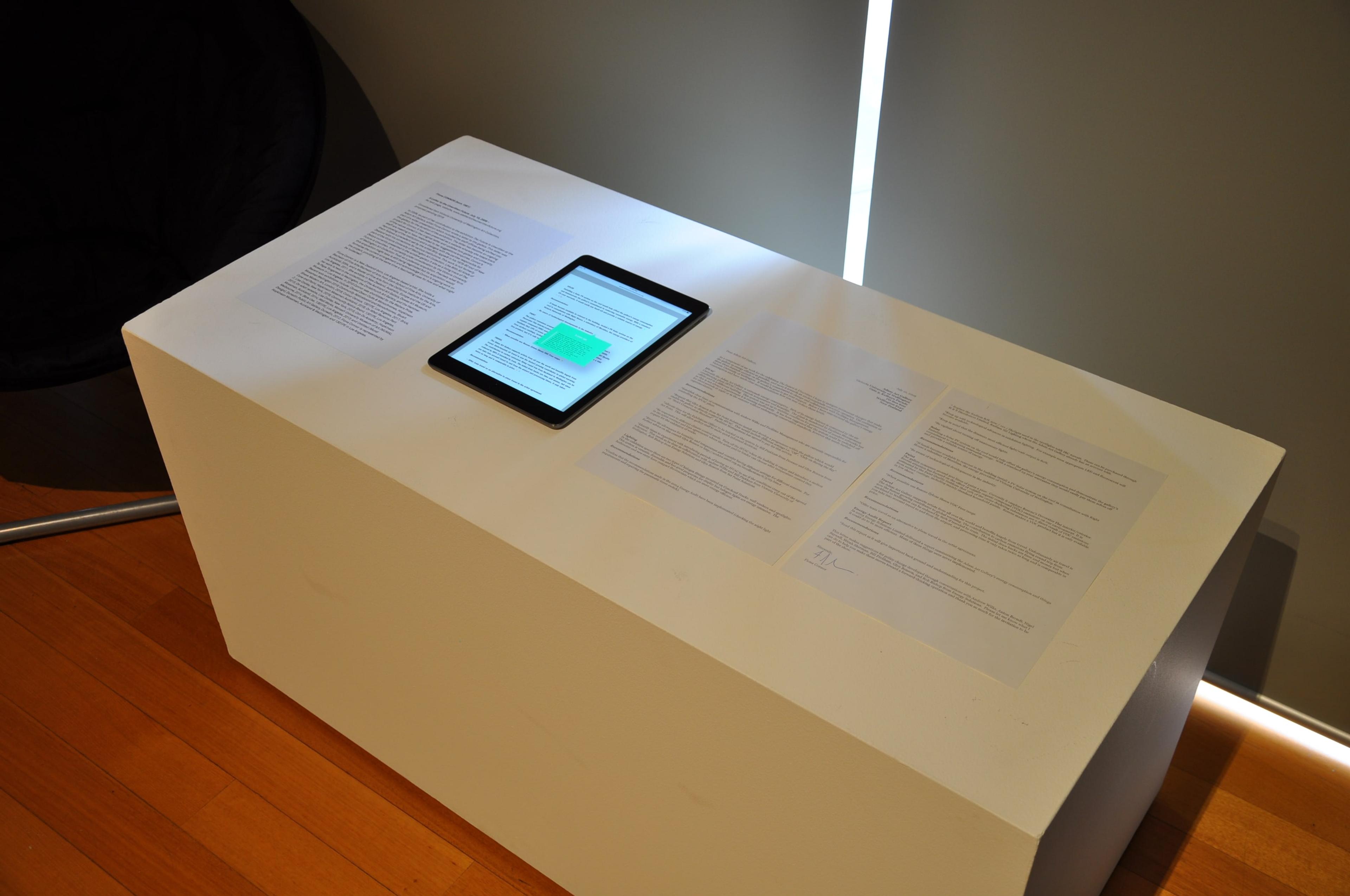 Installation view of Fiona Connor, A Letter to the Unwritten Future July 10, 2009 –, A4 text page, website, www.alettertotheunwrittenfuture.org, Considered item Victoria University of Wellington Art Collection, proposal pending 2018. In the exhibition Solid State: Works from the Victoria University of Wellington Art Collection, 6 October – 20 December 2018, Adam Art Gallery Te Pātaka Toi.