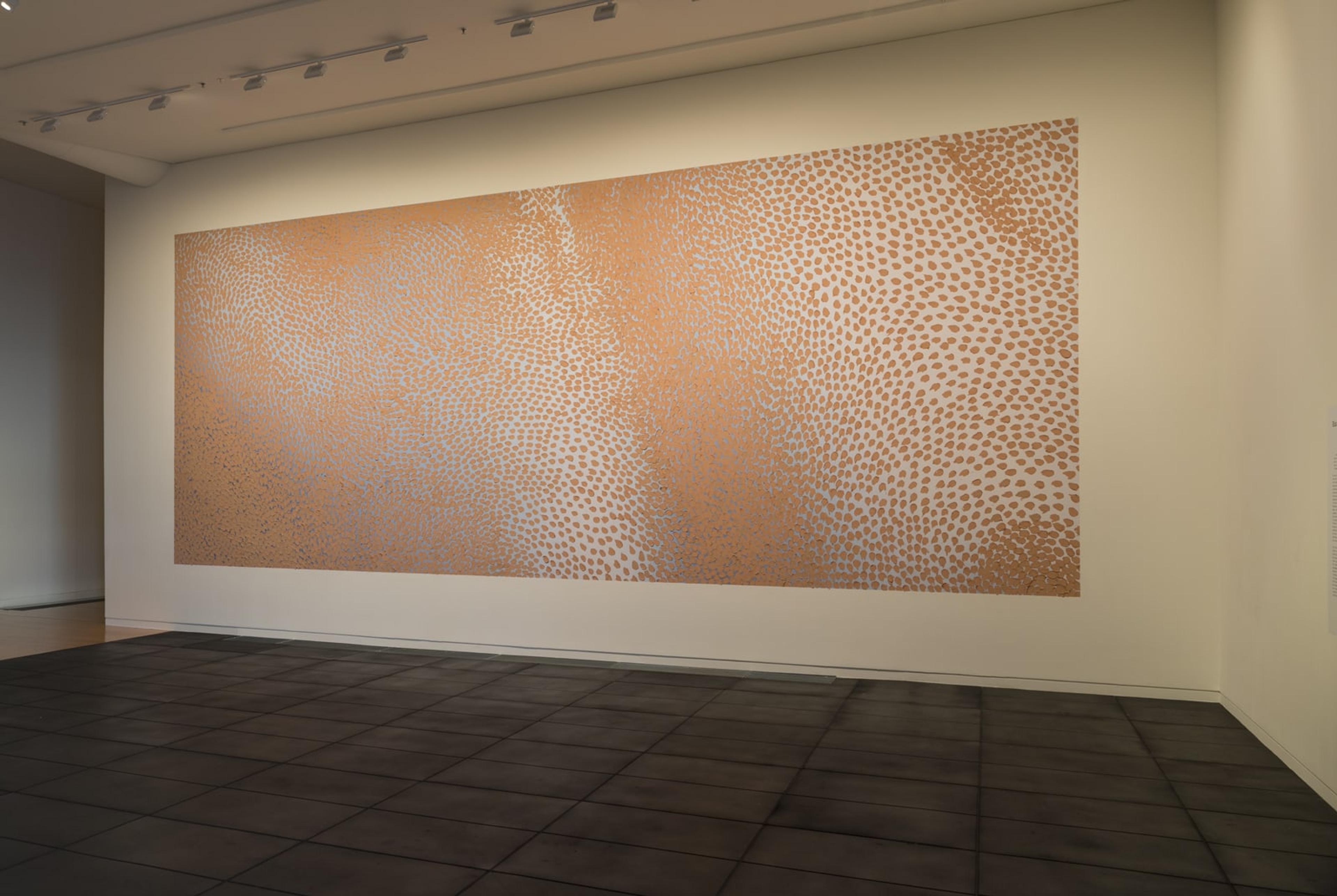 Raukura Turei, Te poho-o-Hine-Ruhi (in situ), 2018, clay, acrylic, water on digital print, 10 x 4m, courtesy of the artist. Installation view, The earth looks upon us / Ko Papatūānuku te matua o te tangata, curated by Christina Barton, Adam Art Gallery Te Pātaka Toi, Victoria University of Wellington. Photo: Shaun Matthews