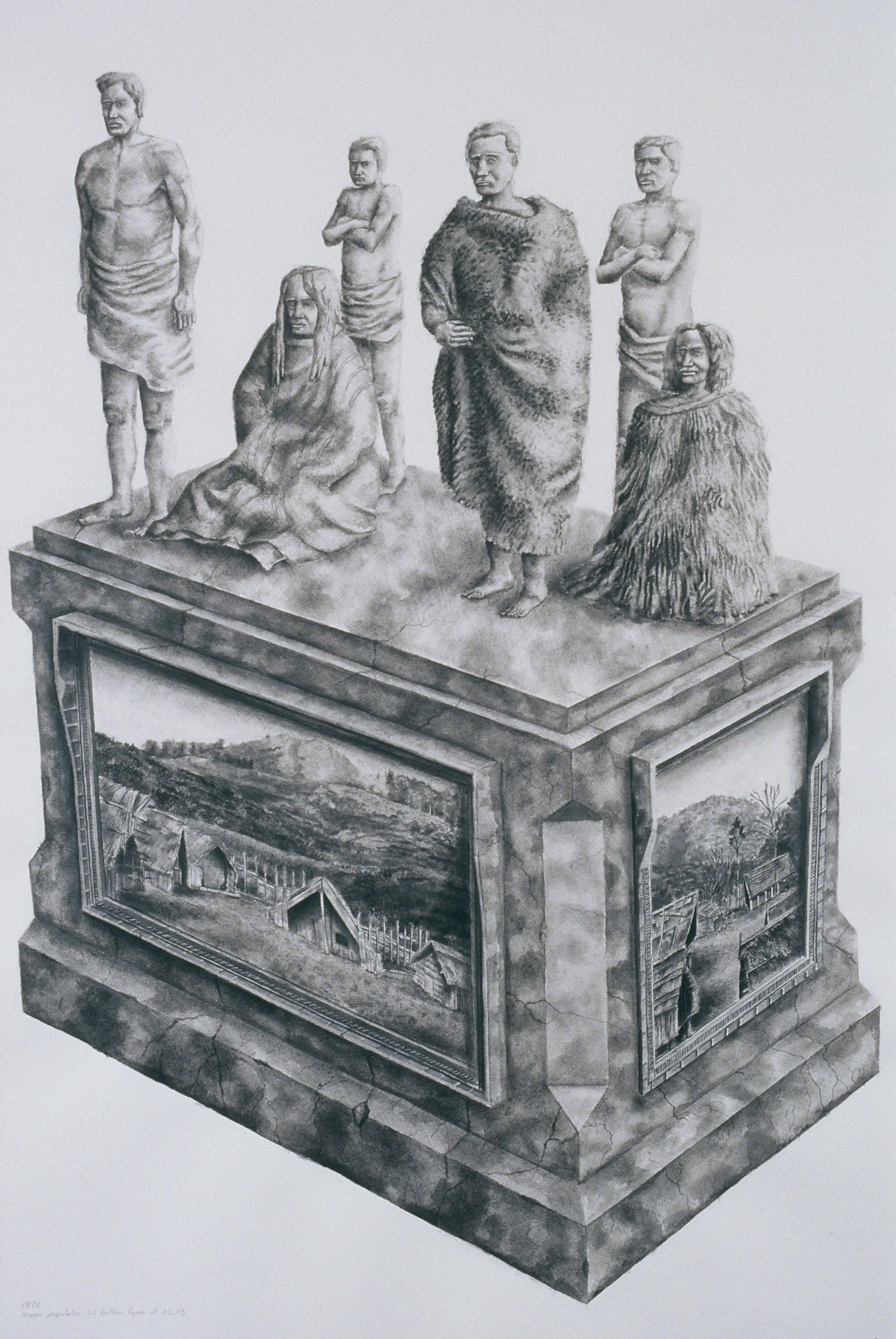 William Dunning, Māori population hits bottom figure of 42,113; 1886, 1994, charcoal & acrylic wash on paper, Ngā Puhipuhi o Te Herenga Waka—Victoria University of Wellington Art Collection, purchased 1994.