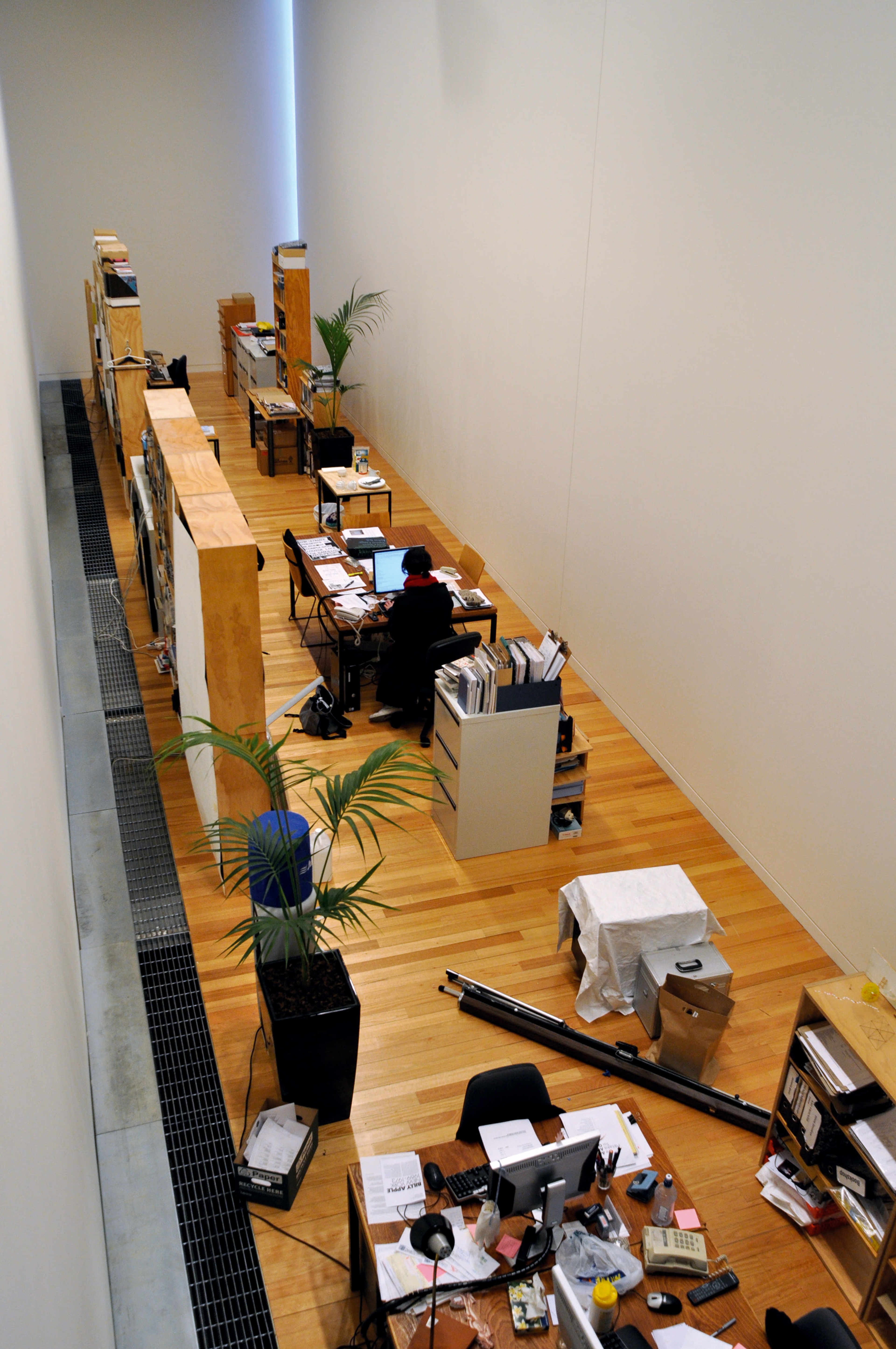 Fiona Connor, A letter, office move, and book, 2009, the offices of Christina Barton, Anton Berndt, Laura Preston and Thomasin Sleigh; a letter; Victoria University of Wellington 2009 Guide to Enrolment. Installation view, The Future is Unwritten, Adam Art Gallery Te Pātaka Toi, Victoria University of Wellington, 2009