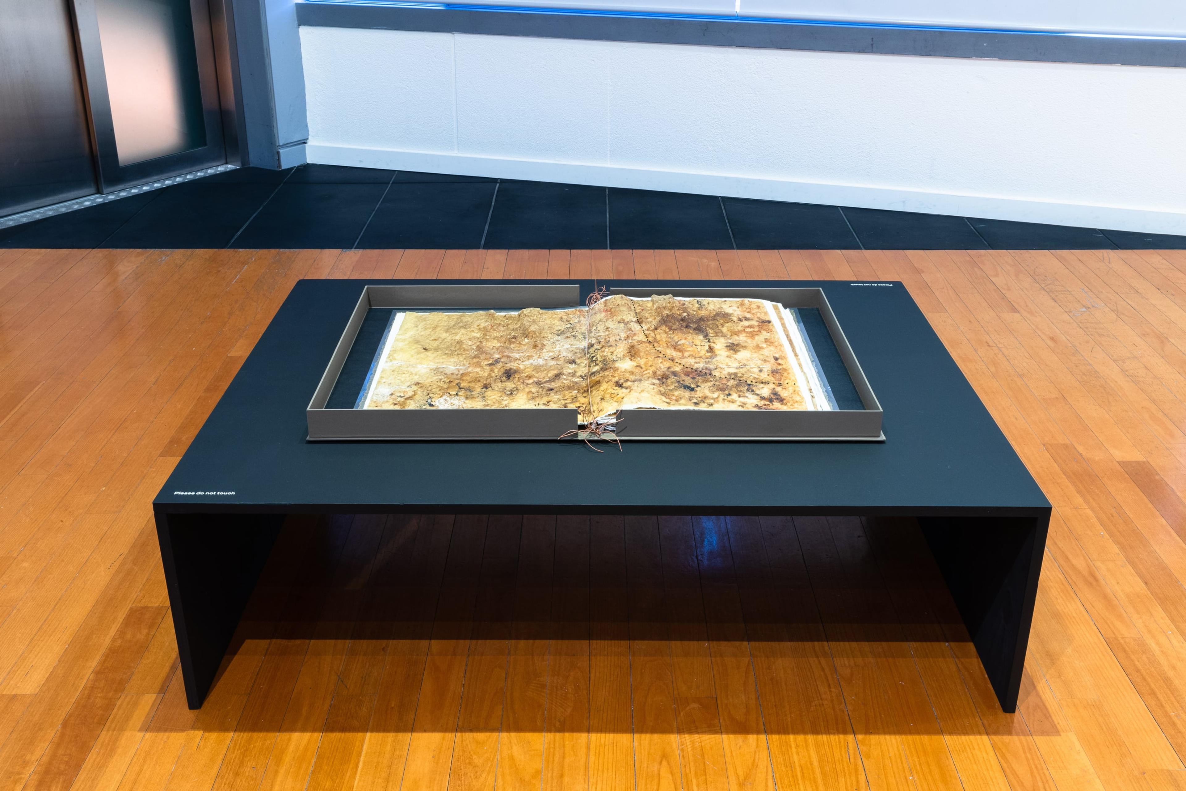 A flat brown and white artwork on a low black bench table on a wooden floor.