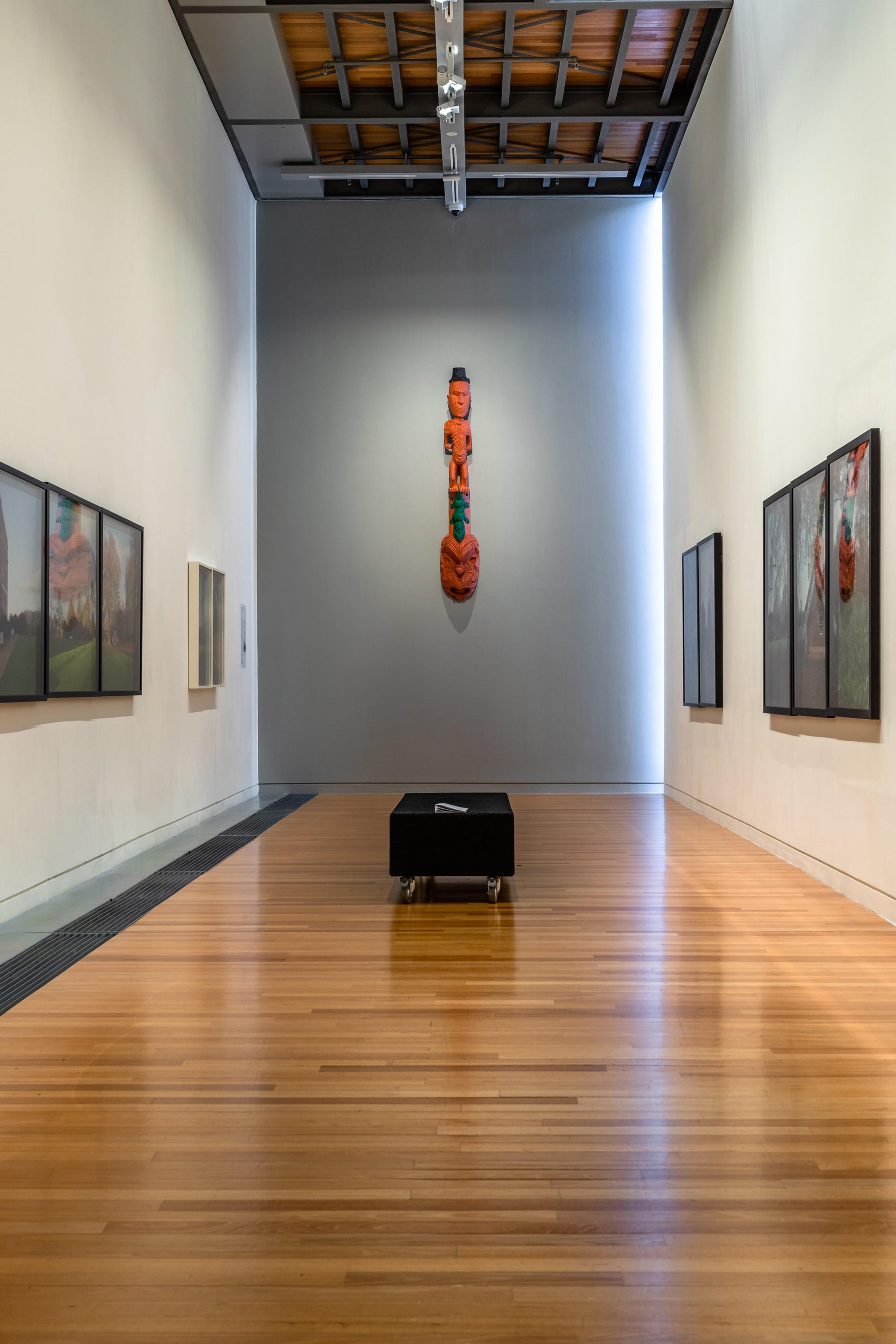Installation view, Mark Adams, Hinemihi: Te Hokinga-The Return, in Tēnei Ao Tūroa – This Enduring World, Te Pātaka Toi Adam Art Gallery. Photo: Ted Whitaker