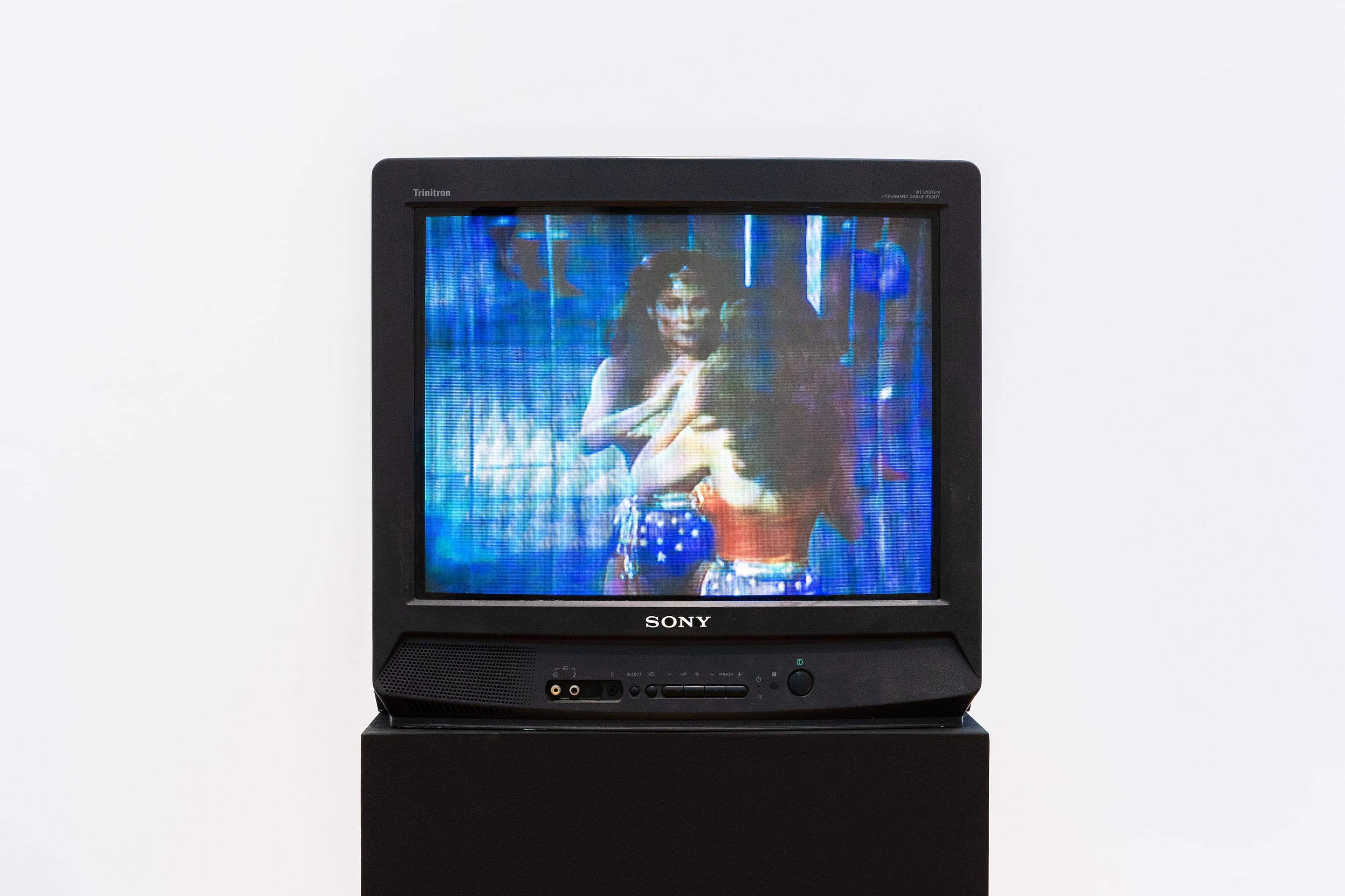 Dara Birnbaum, Technology/Transformation: Wonder Woman , 1978/79, video transferred to digital, 5:50 mins, colour/sound, courtesy of the artist, Marian Goodman Gallery, New York & Paris, and Video Data Bank at the School of the Art Institute of Chicago. Installation view, Image Processors: Artists in the Medium – A Short History 1968–2020, Te Pātaka Toi Adam Art Gallery, Victoria University of Wellington. Photo by Ted Whitaker.