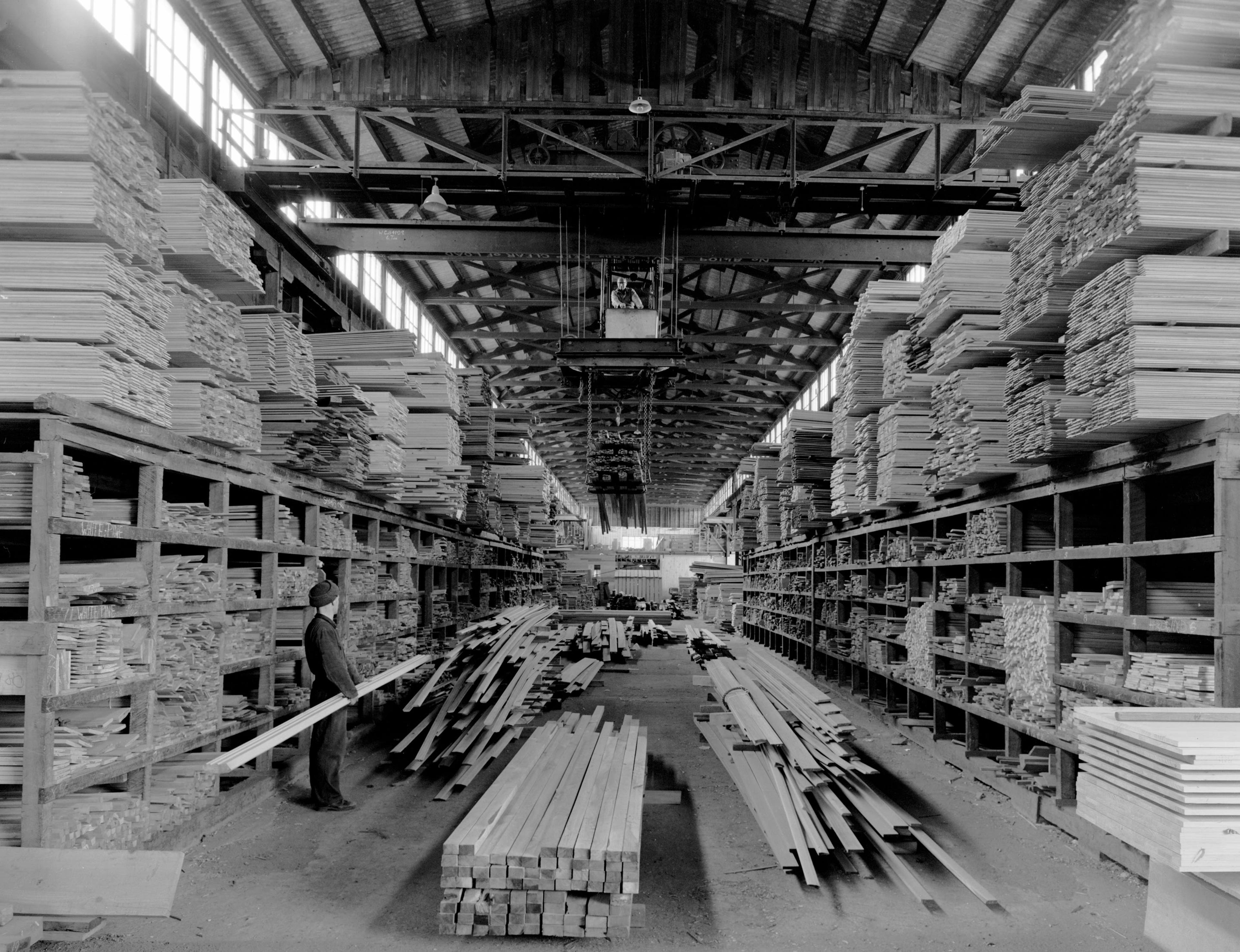 John Johns, Odlins Timer Yard, Petone, 1963, black-and-white photograph, 157 x 225mm [NZFS]. Courtesy of John H. G. Johns Estate and McNamara Gallery