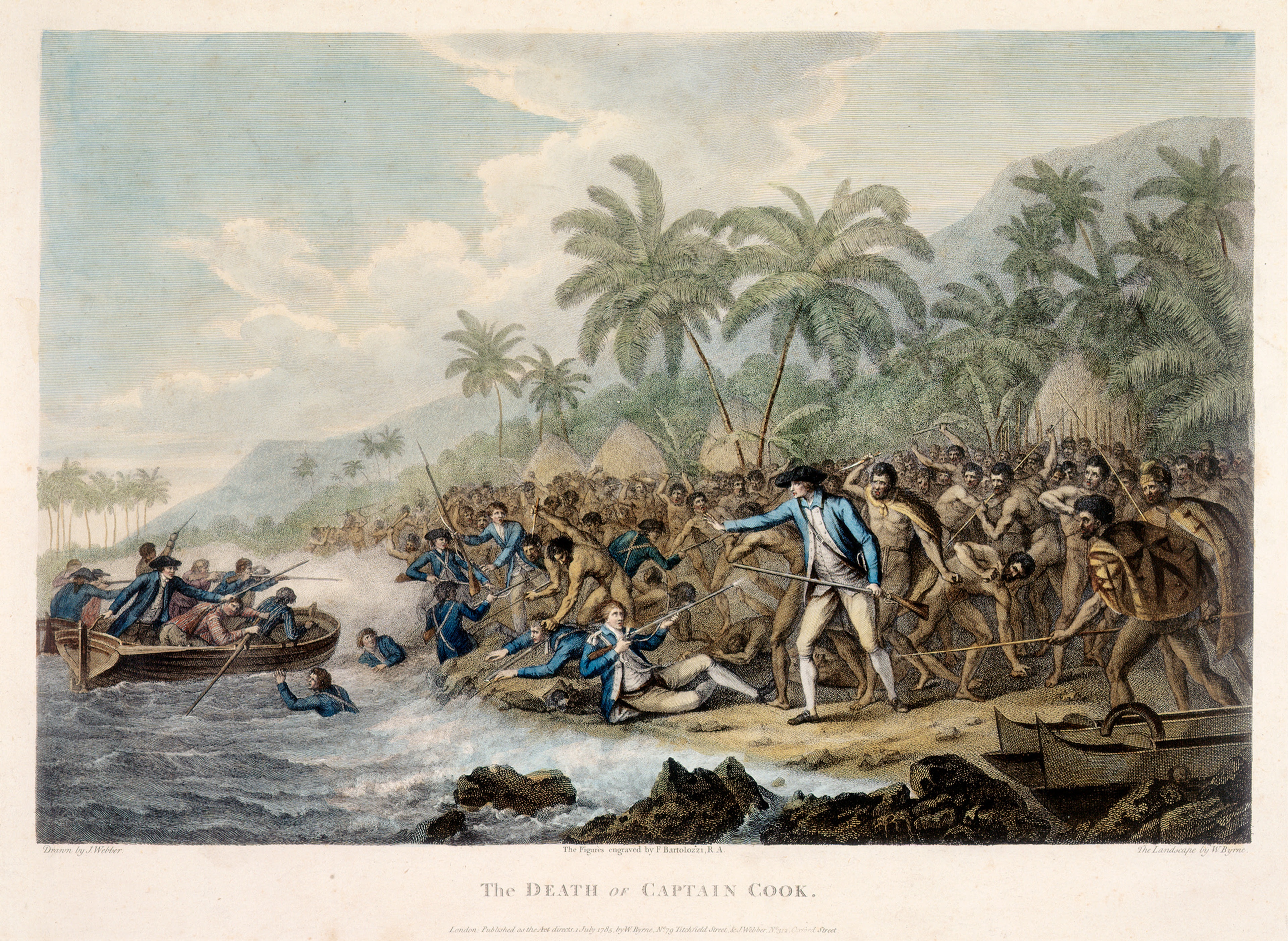 After John Webber, engraved by F. Bartolozzi & W.Byrne, The Death of Captain Cook, 1785, engraving, 252 x 378mm. Collection of the Museum of New Zealand Te Papa Tongarewa.