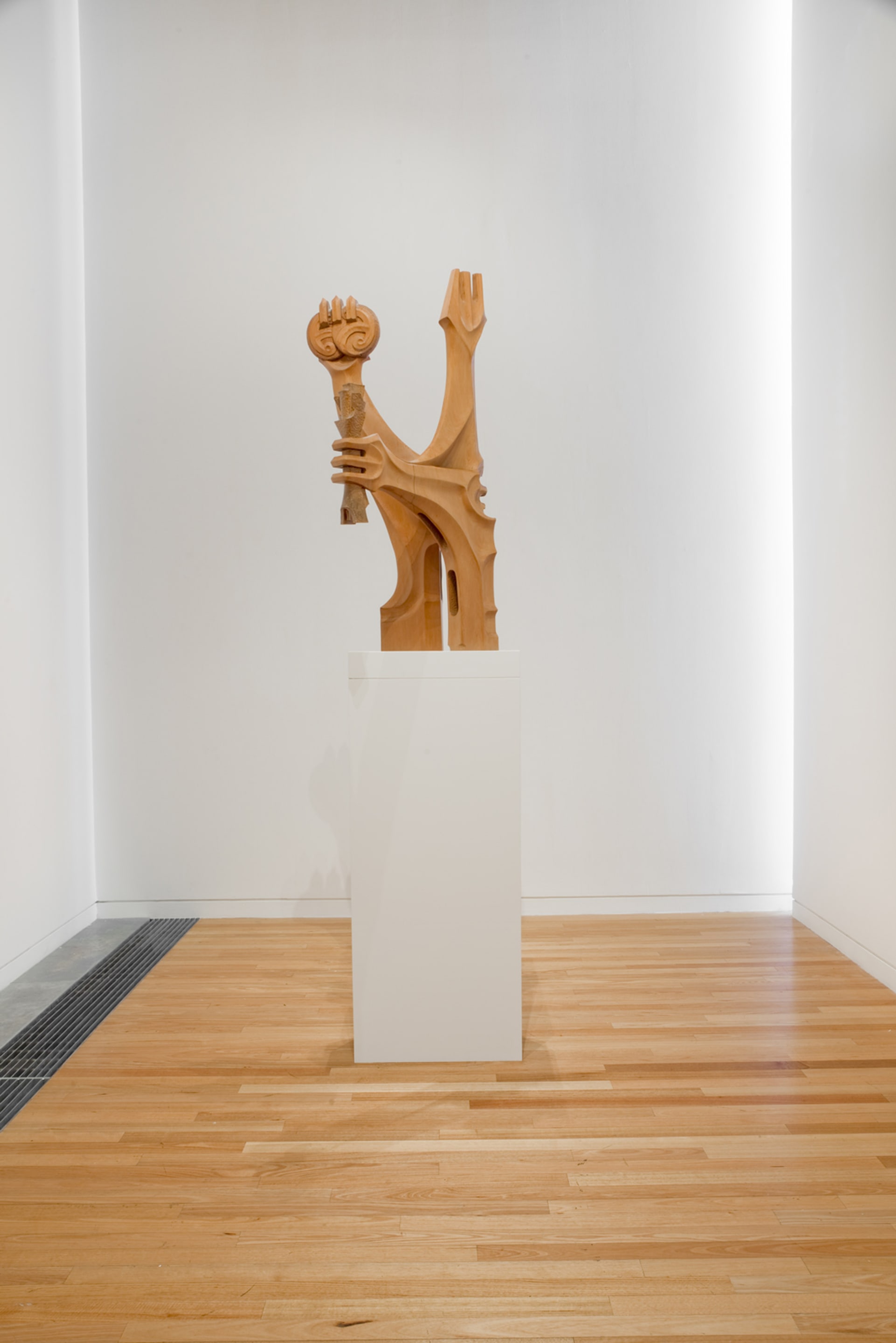 Fred Graham, Tāne and Tūpai, 1975, kauri and totara, Victoria University of Wellington Art Collection, commissioned 1975. On view in the exhibition Out of Site – Works from the Victoria University of Wellington Art Collection, at Adam Art Gallery Te Pātaka Toi Victoria University of Wellington, 18 February – 23 April 2017, Photo: Shaun Matthews