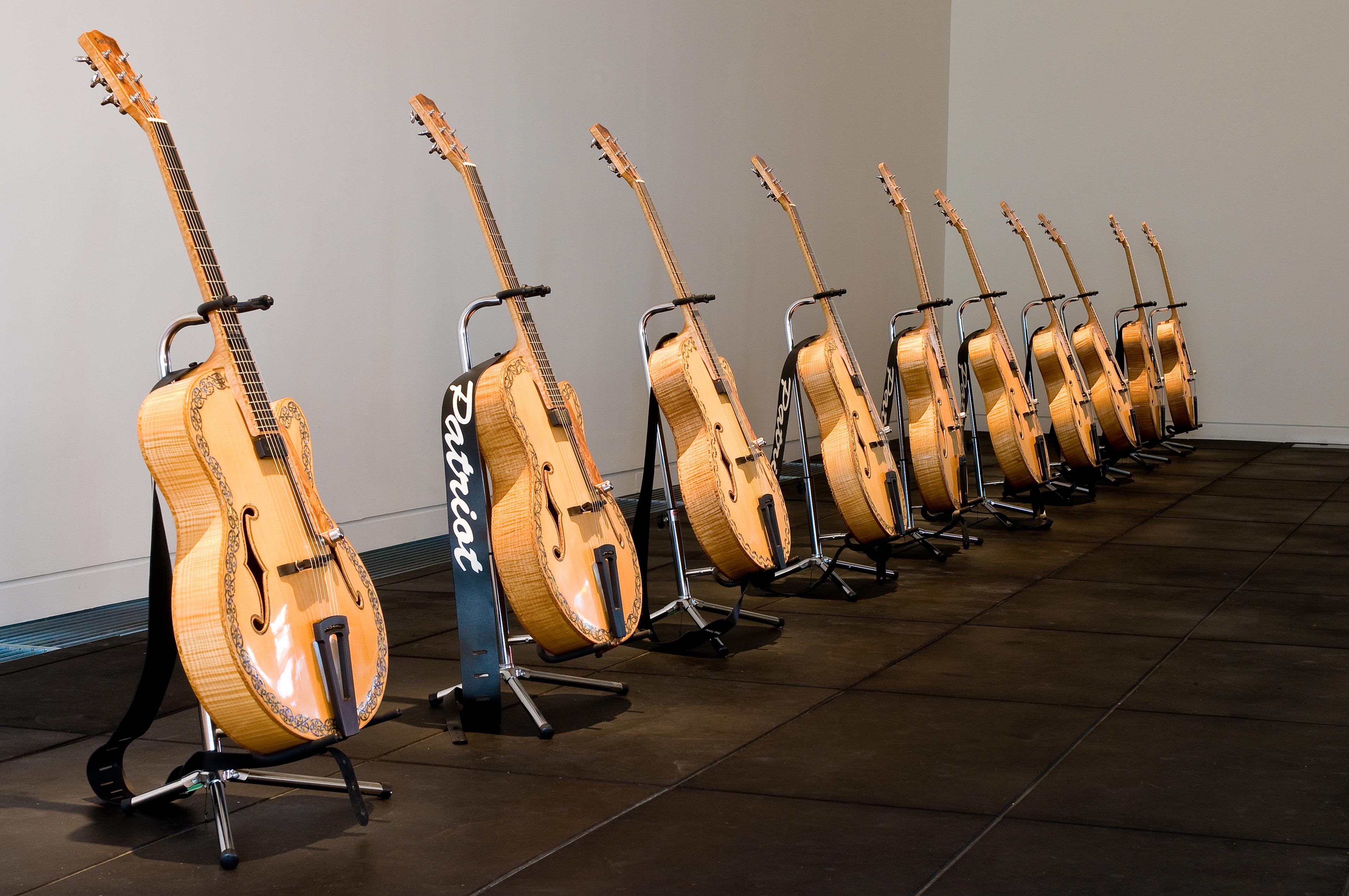 Michael Parekowhai, Patriot: Ten Guitars, 1999. Installation view, Play On, Adam Art Gallery, Victoria University of Wellington