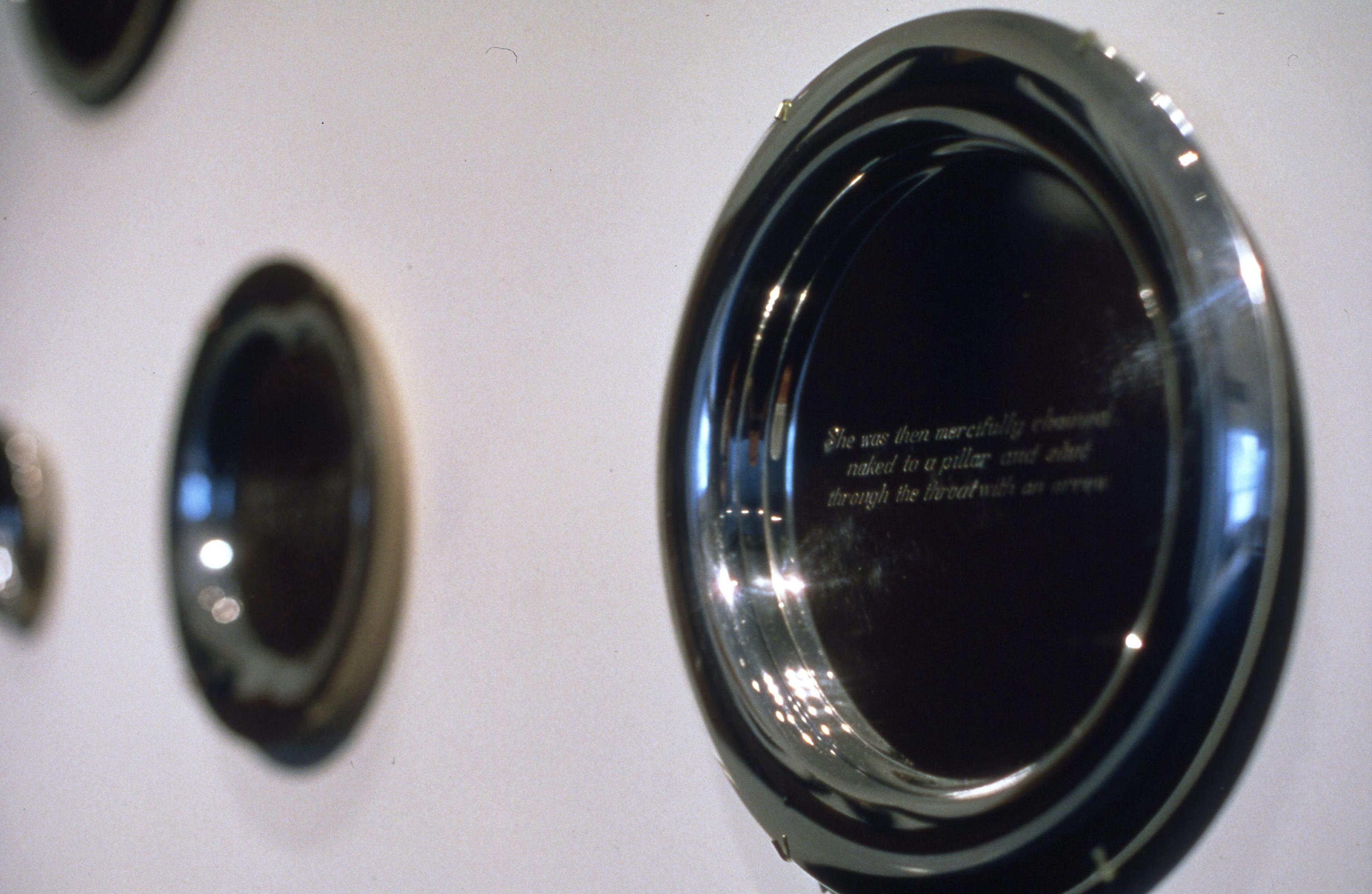 Mary-Louise Browne, Eulalia (detail) from the Lususnaturae series, engraved platters, variable dimensions. Installation view, Language Matters, Adam Art Gallery Te Pātaka Toi, Victoria University of Wellington, 2000