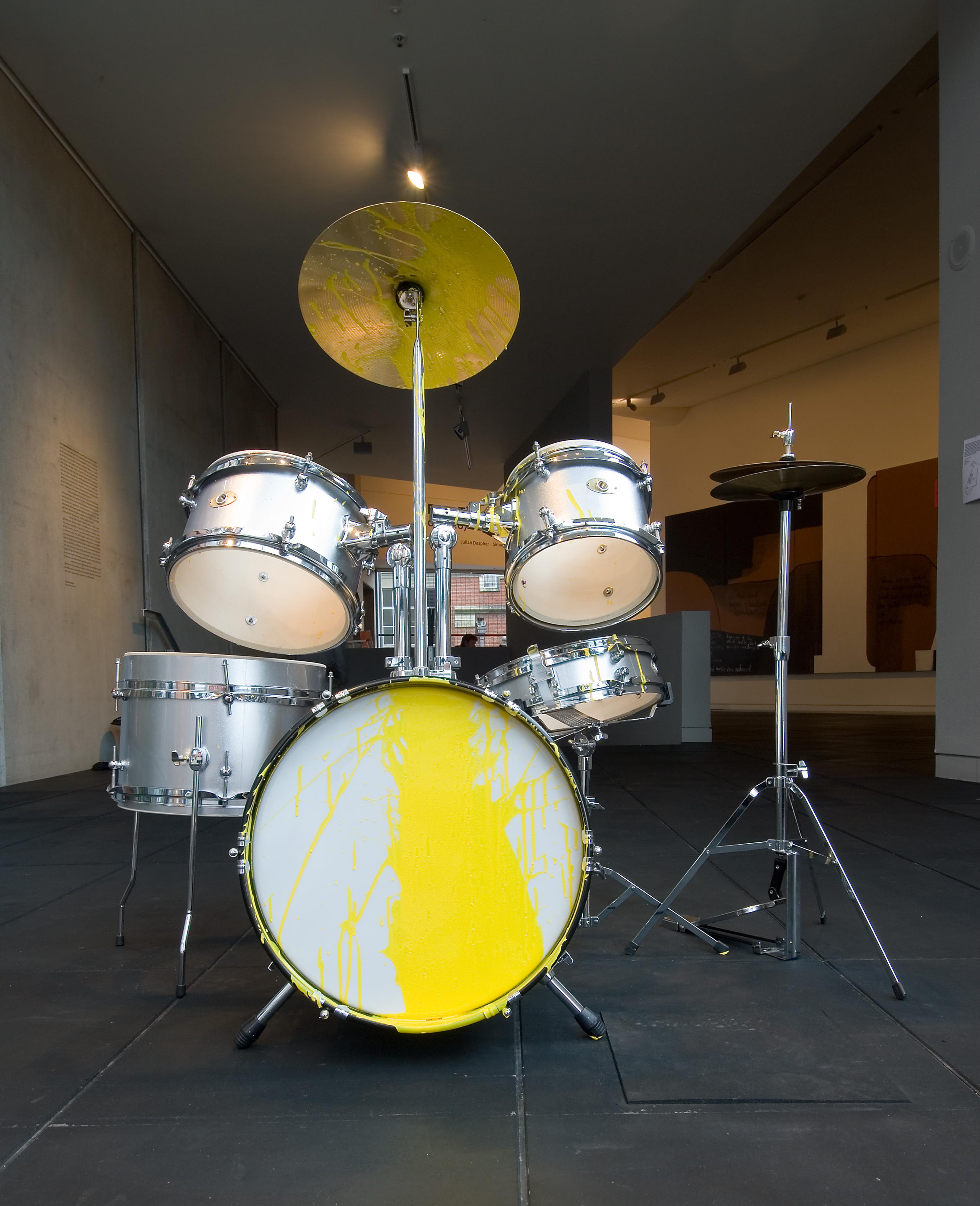 Julian Dashper, Untitled (the painter's mistake), 2007, junior drum kit and enamel paint, dimensions variable. Installation view, Four Times Painting, Adam Art Gallery Te Pātaka Toi, Victoria University of Wellington, 2007