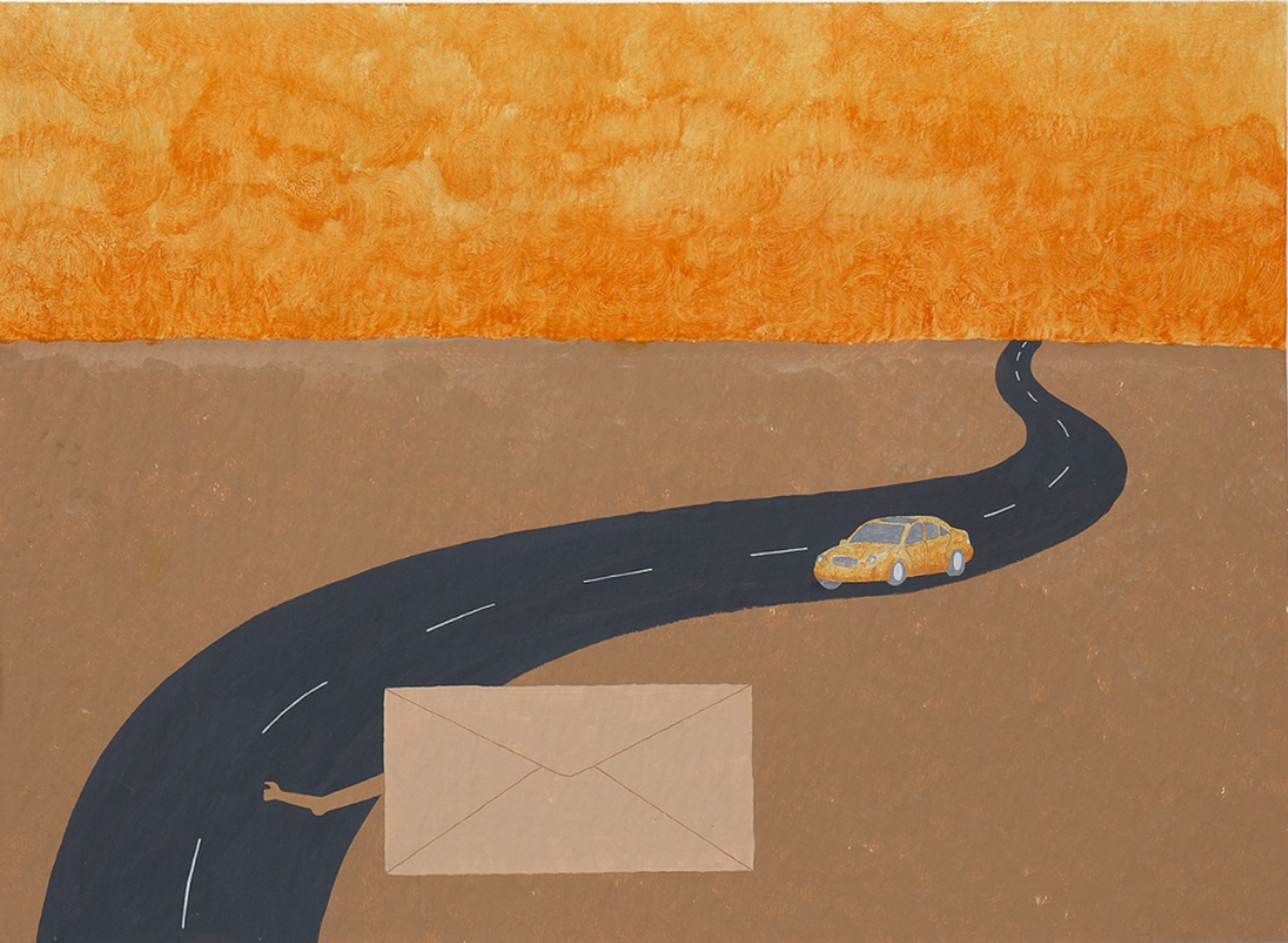Painitng of a minimalist landscape with orange sky and road leading from the horizon line to the forground with a naively painted car approaching an envelope with outstretched arm with thumb extended as a hitch hiker would
