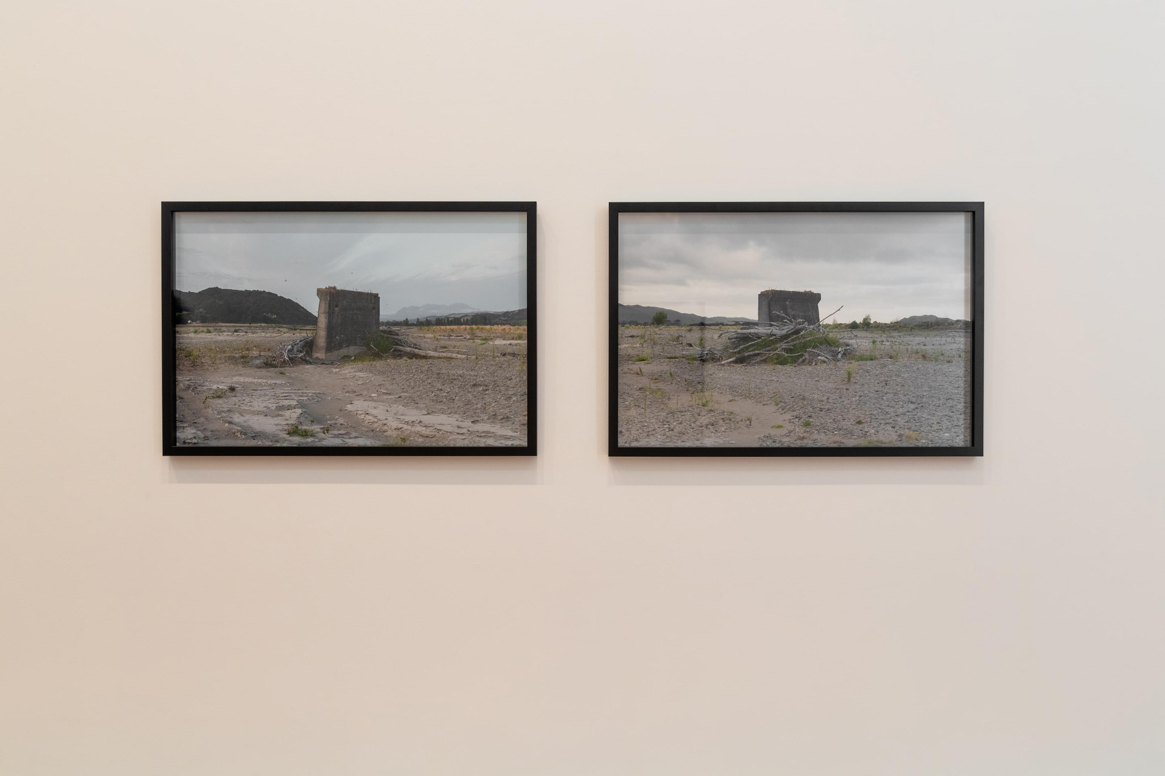 Natalie Robertson, Waiapu Bridge pier, ki uta, 2020, C-type gloss photographic print, 667 × 1000 mm; and Waiapu Bridge pier, ki tai, 2020, C-type gloss photographic print, 667 × 1000 mm. Courtesy of the artist. Installation view, Tēnei Ao Tūroa – This Enduring World, Te Pātaka Toi Adam Art Gallery, Victoria University Wellington. Photo: Ted Whitaker