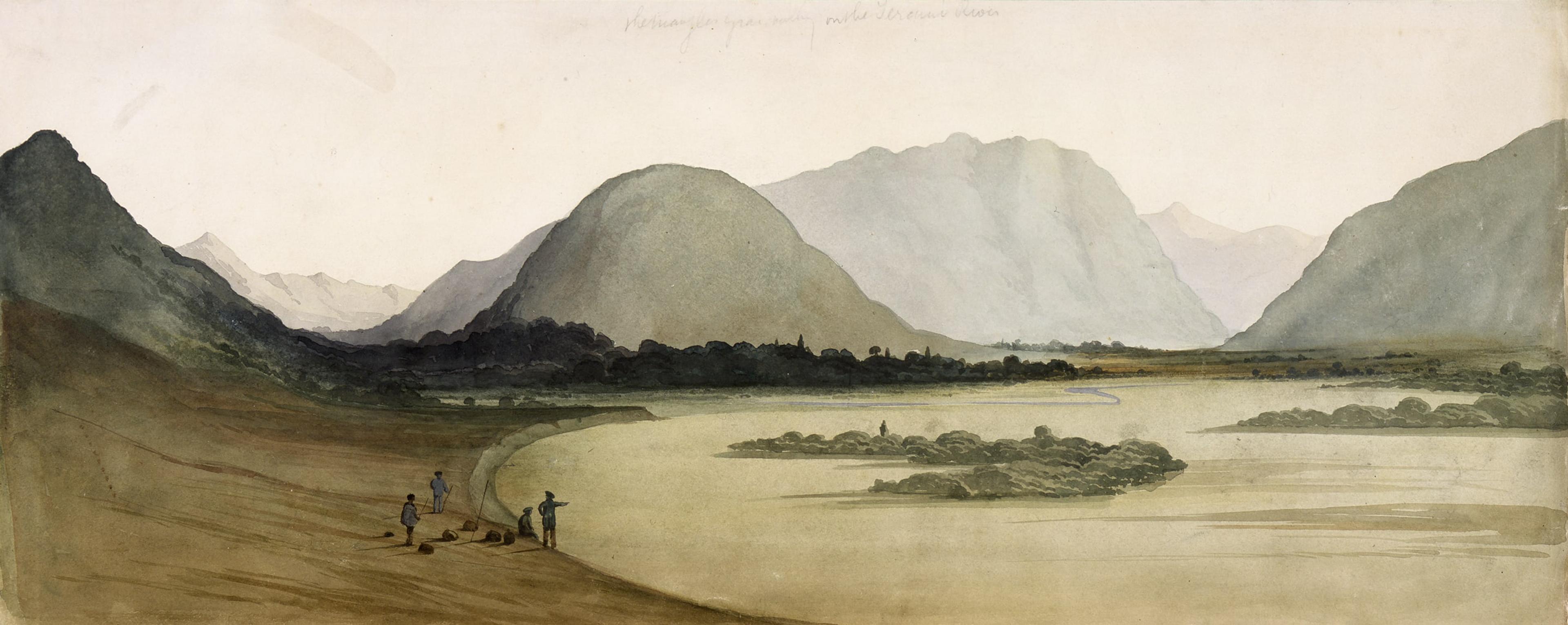 William Fox, The Mangles grass valley, on the Mangles or Teraumei River. 15 Feb. [18]46. Watercolour, 204 x 512 mm. Collection of the Alexander Turnbull Library, Wellington.